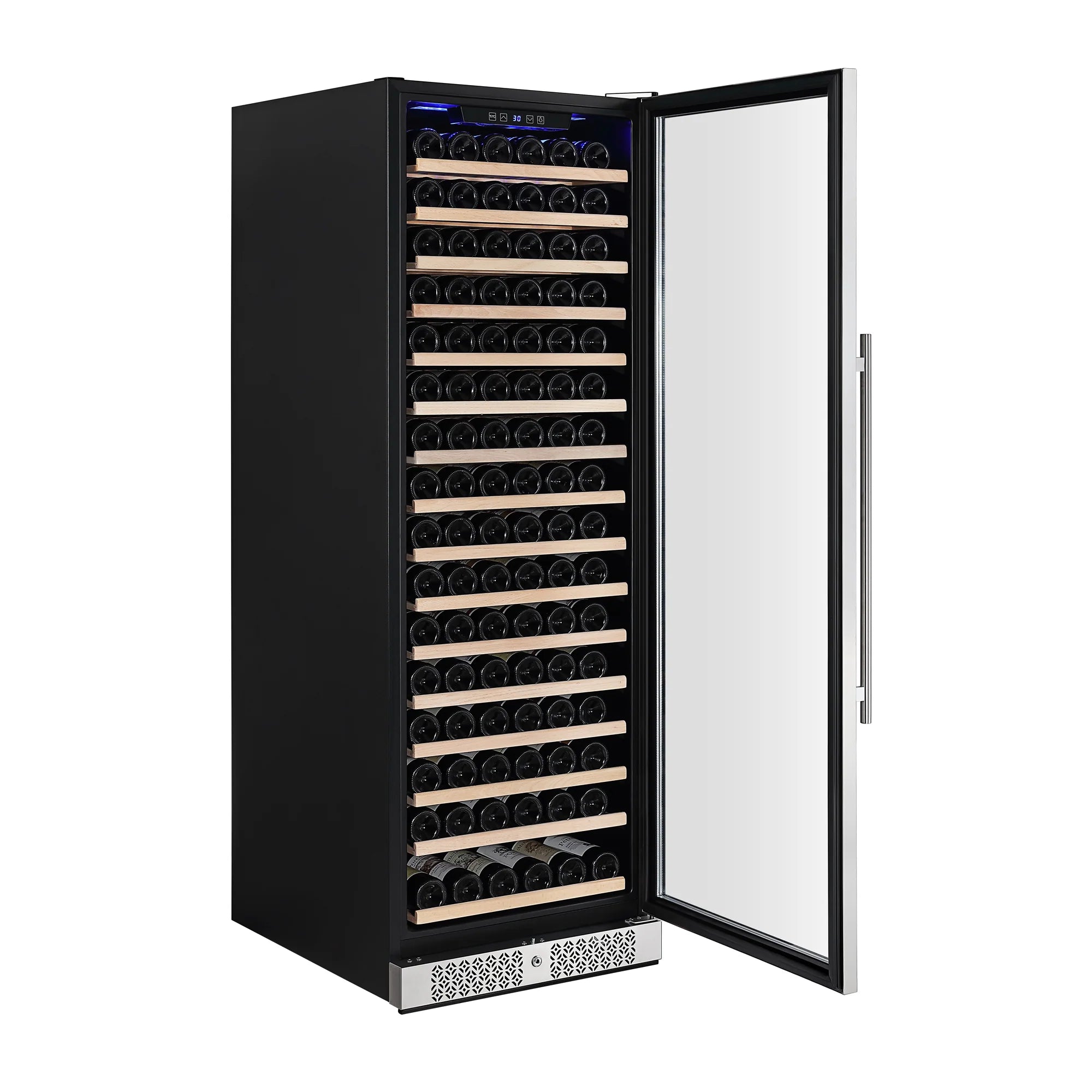 Black wine cooler with glass door open and illuminated rows of wine bottles