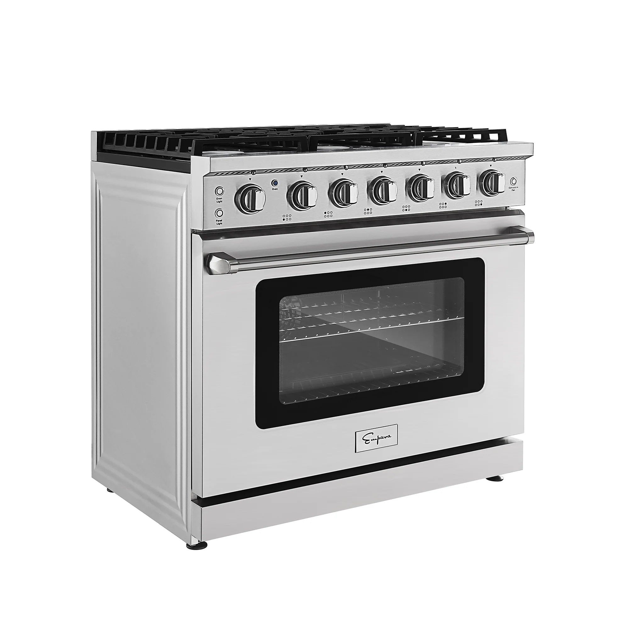 Stainless steel single gas oven range with black cooktop grates and oven door window