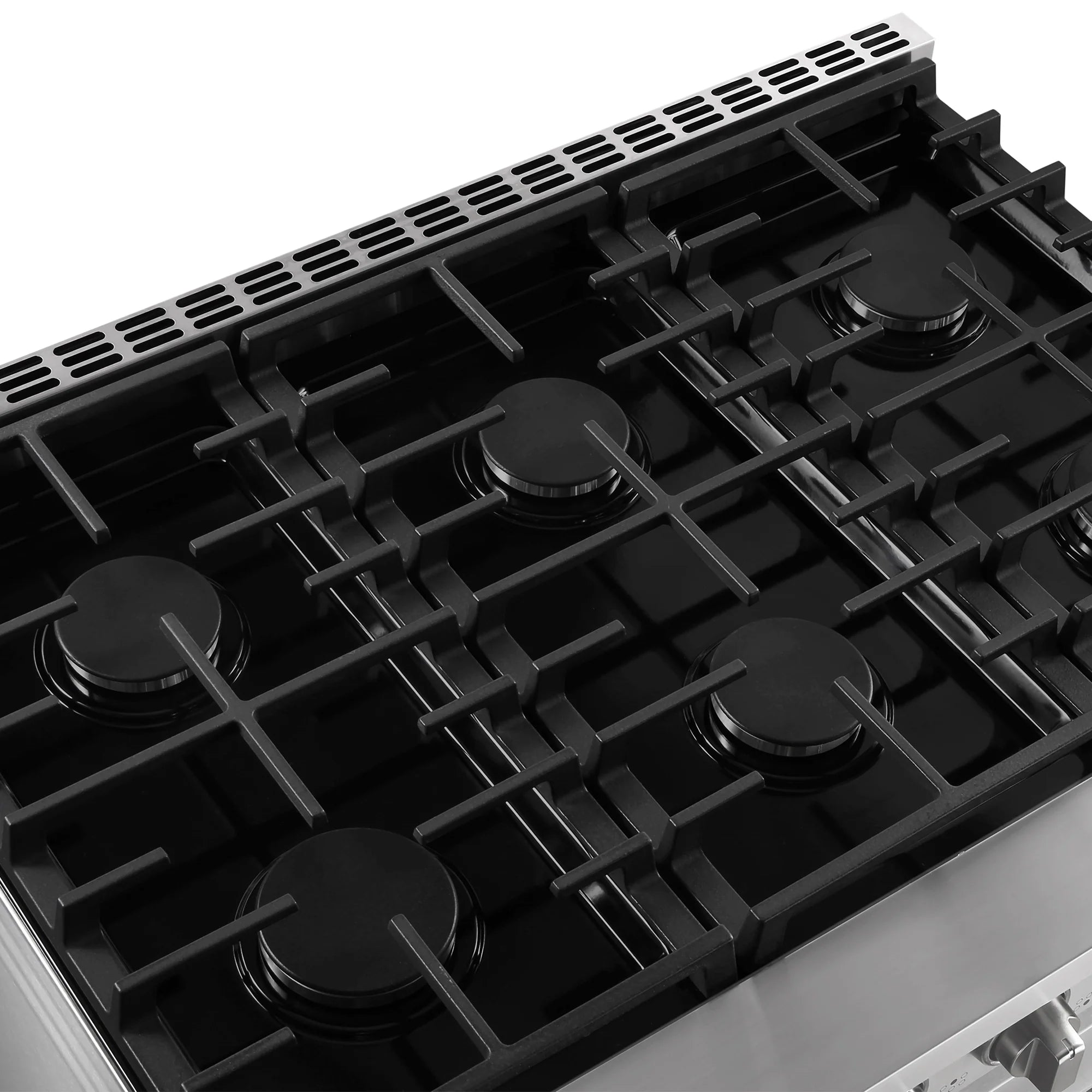 Stainless steel gas cooktop with four black burner caps and cast grates