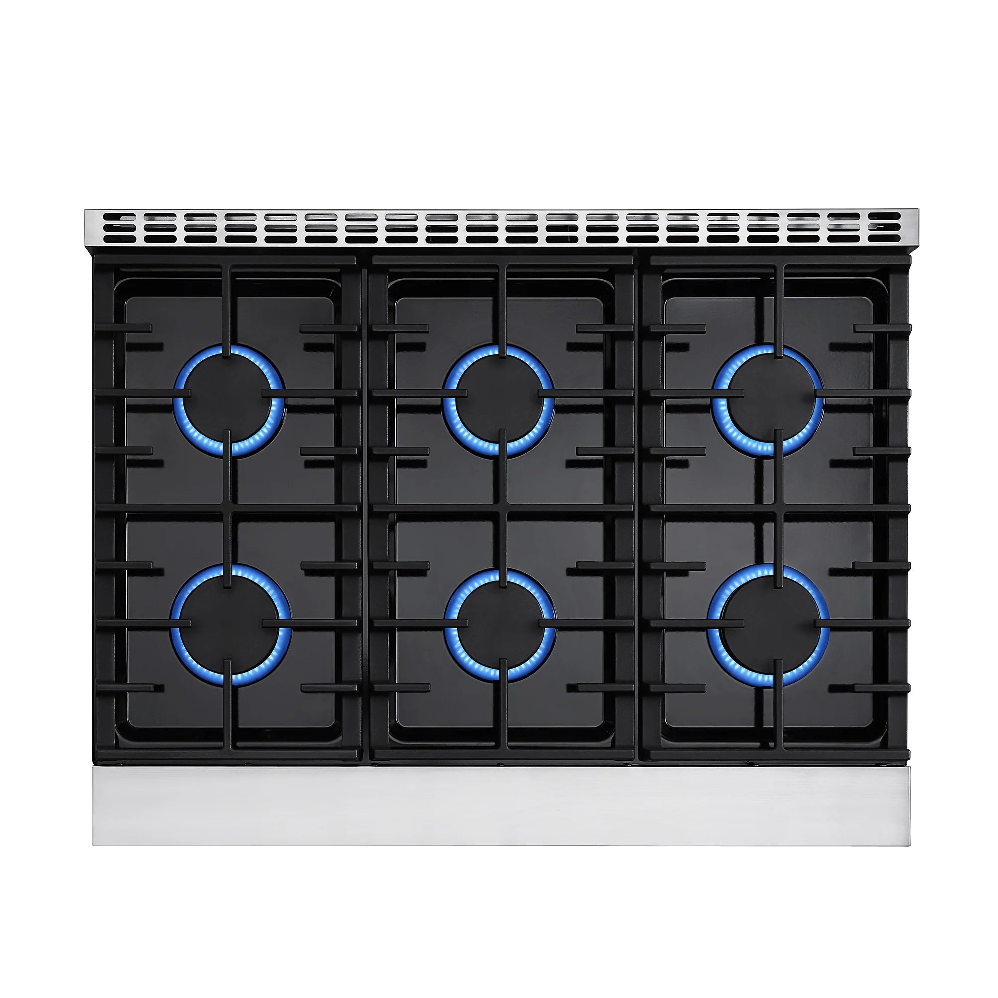Black gas cooktop burners with blue illumination circles on a stainless steel range