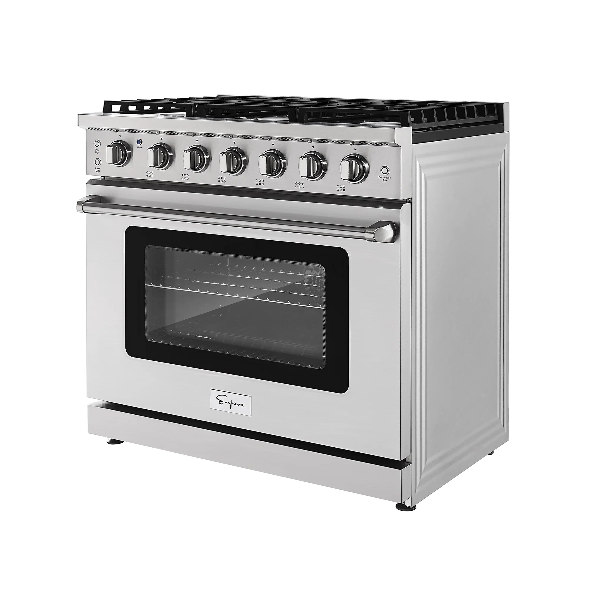 Stainless steel single gas oven range with front control knobs, cooktop grates, and oven glass