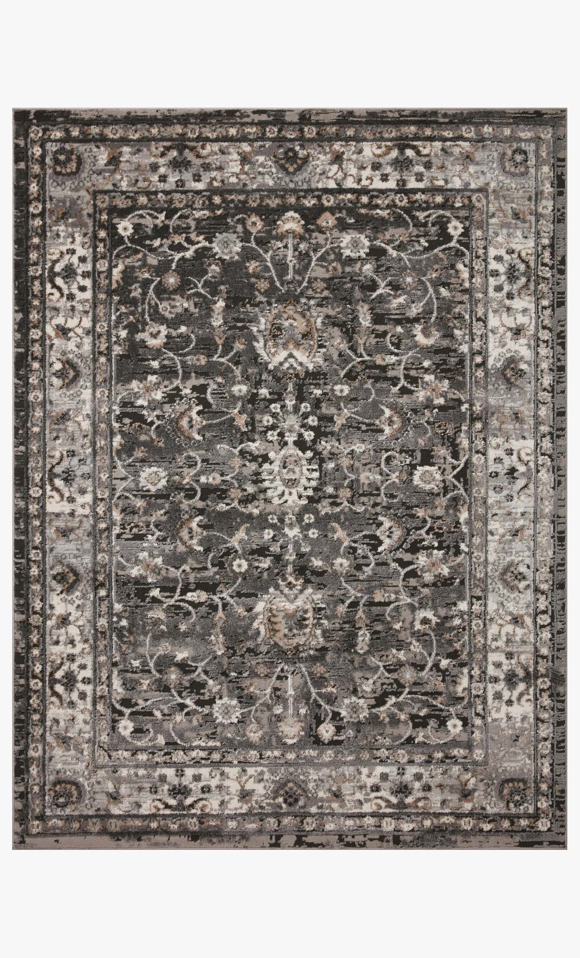 Charcoal and grey power-loomed rug with ornate medallion pattern and border