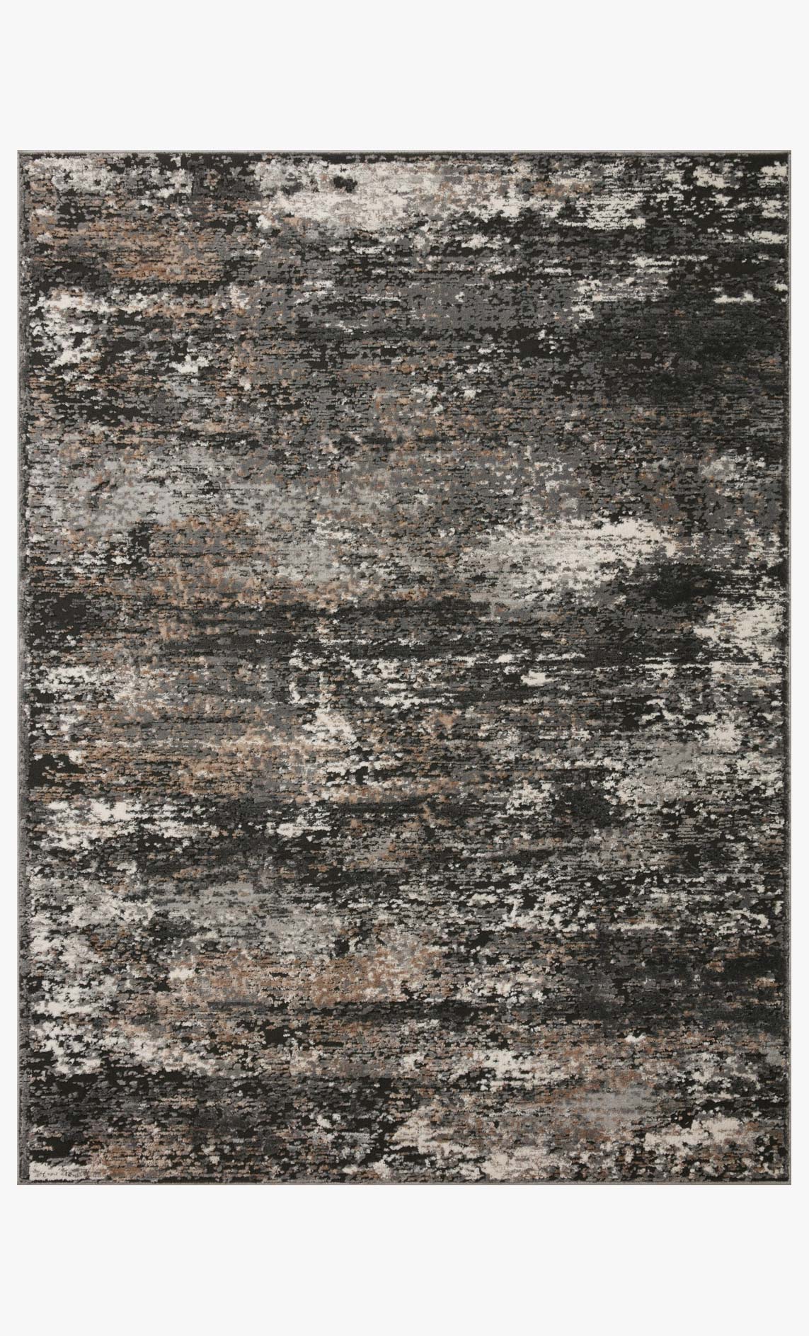 Square charcoal and granite rug with abstract distressed texture and thin border frame.