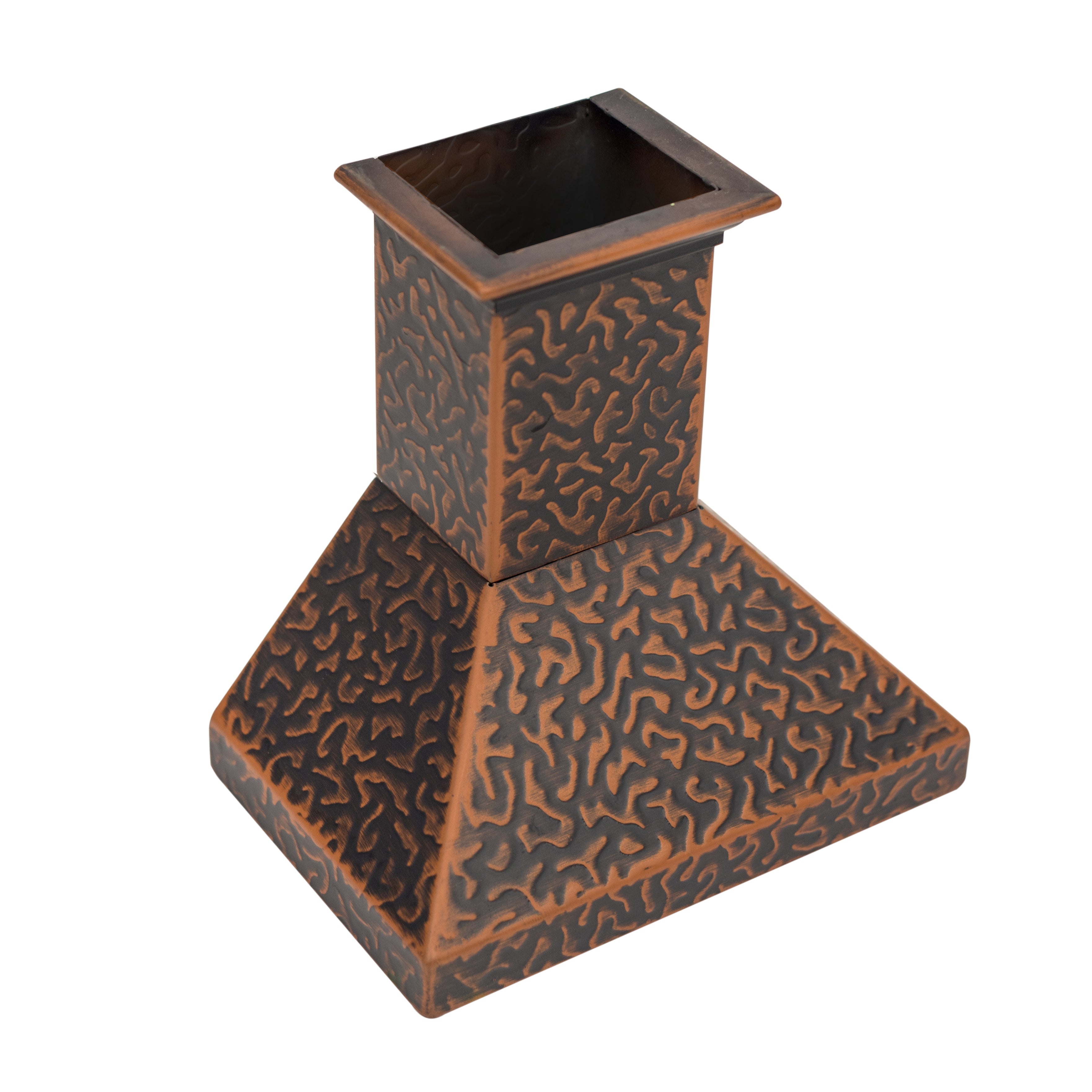 Embossed mini range hood vent, dark bronze with ornate copper-like pattern and flared base