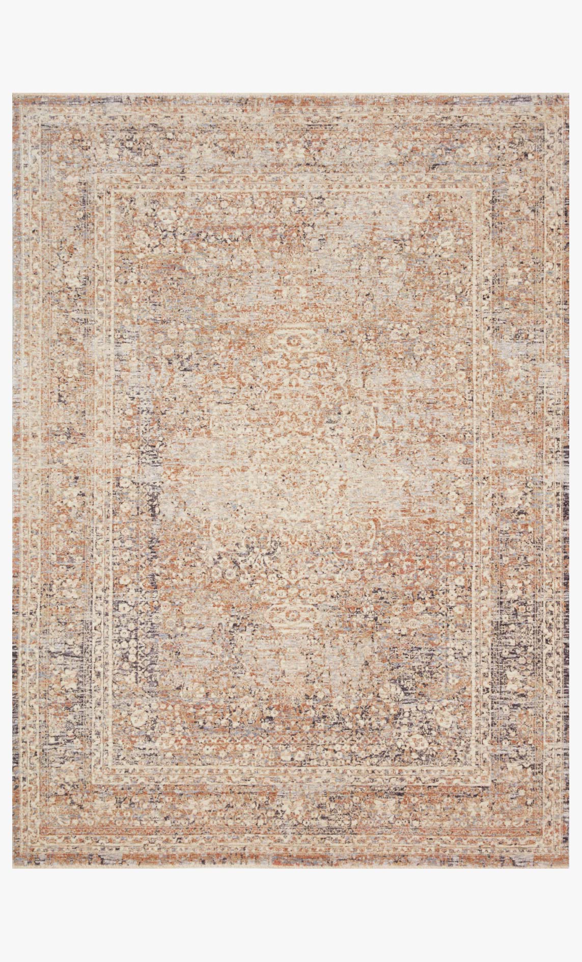 Transitional power-loomed rug with light blue, sand, and gray abstract border pattern