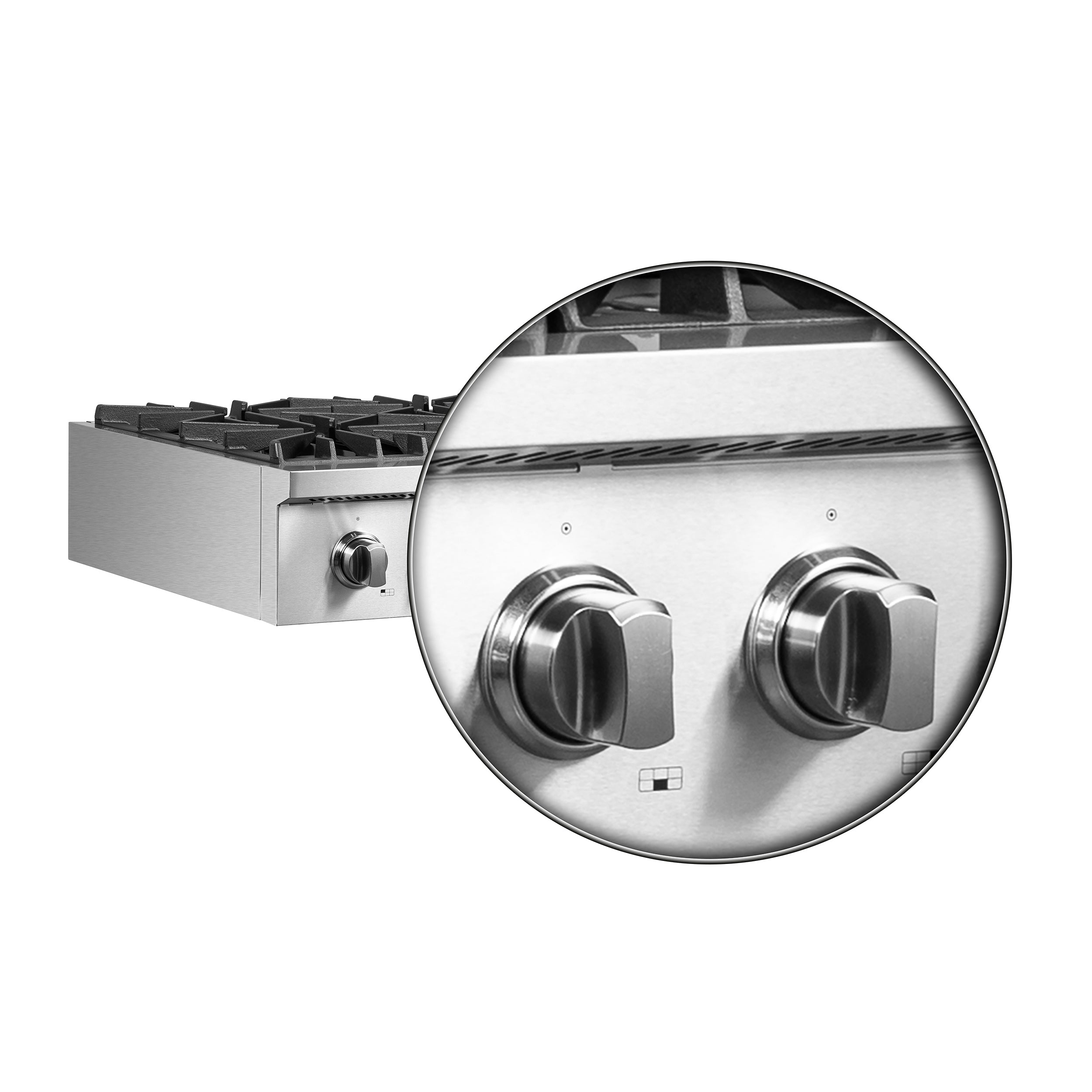 Stainless steel gas rangetop with two front knobs shown in a magnified view