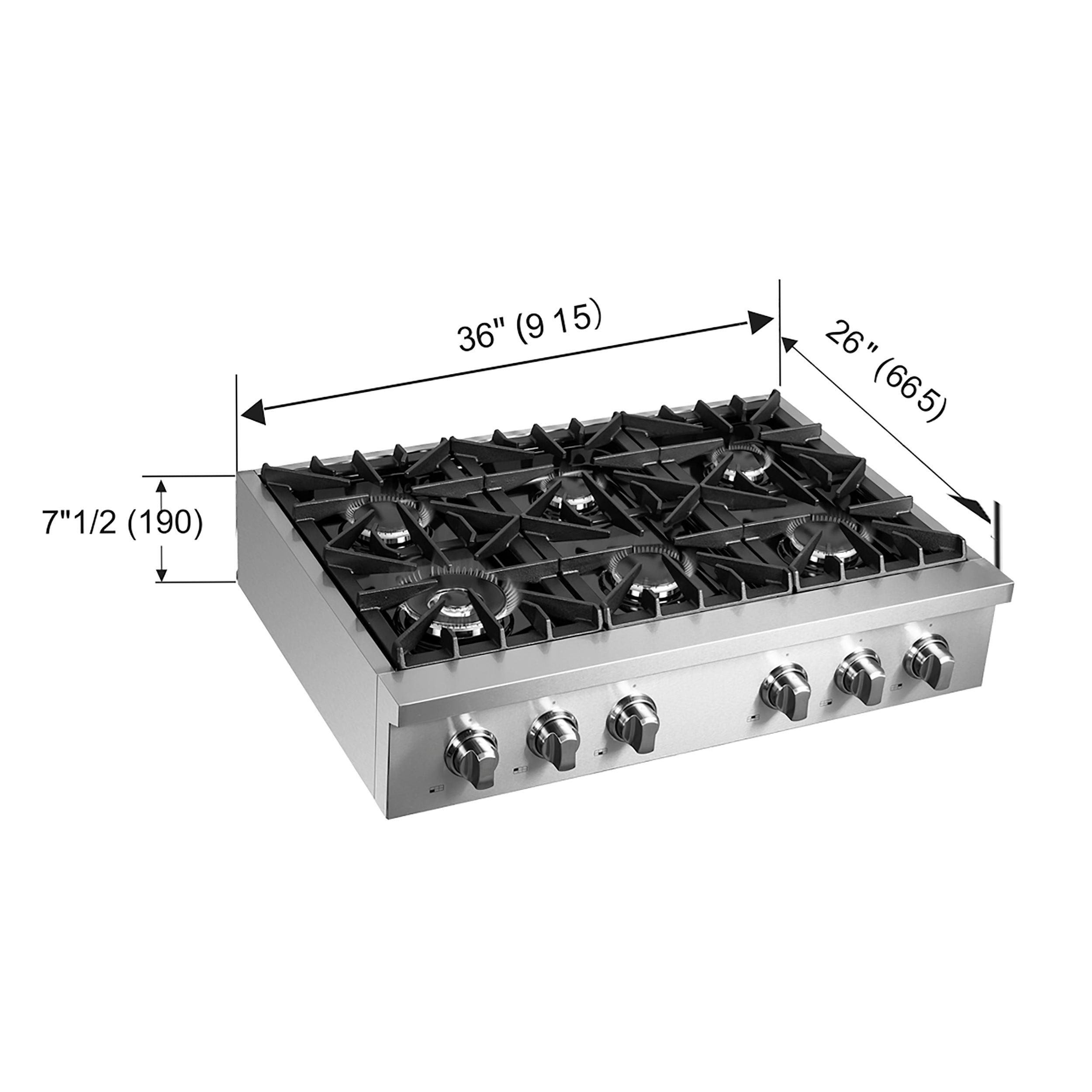 36-inch stainless gas rangetop with six burners, black grates, and control knobs