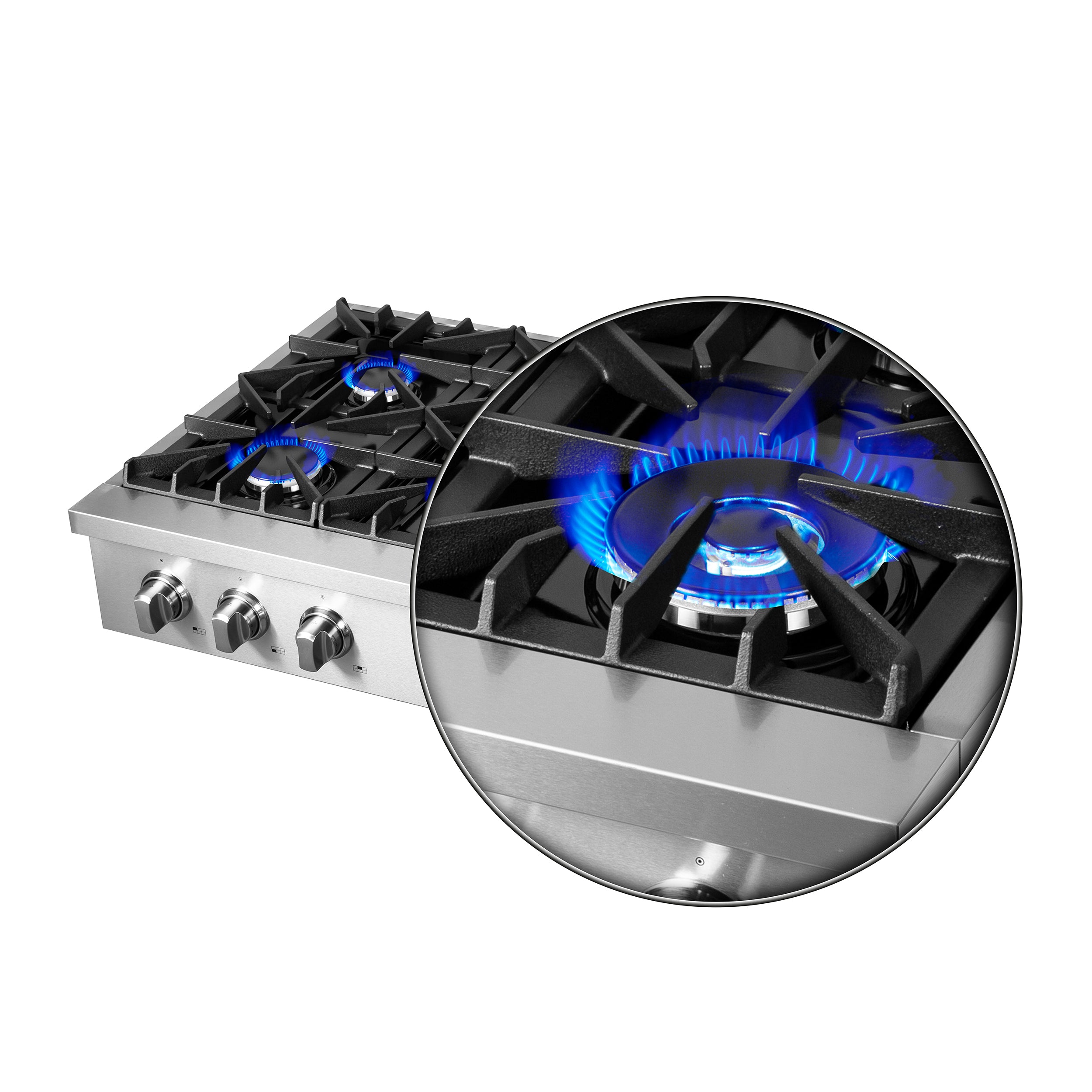 Stainless steel gas rangetop with multiple burners and blue flames, detail view