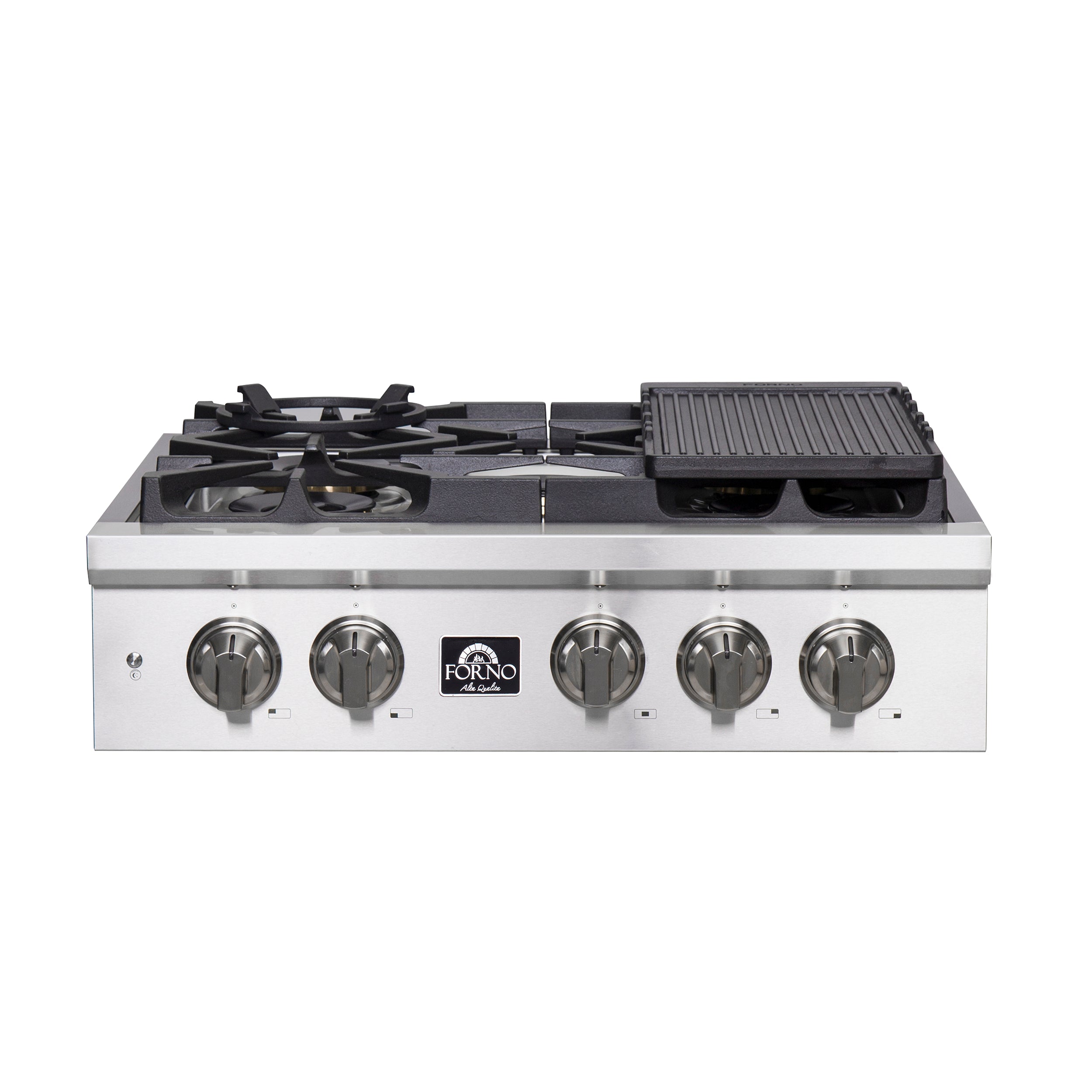 Stainless steel gas rangetop with integrated griddle and wok ring burner caps