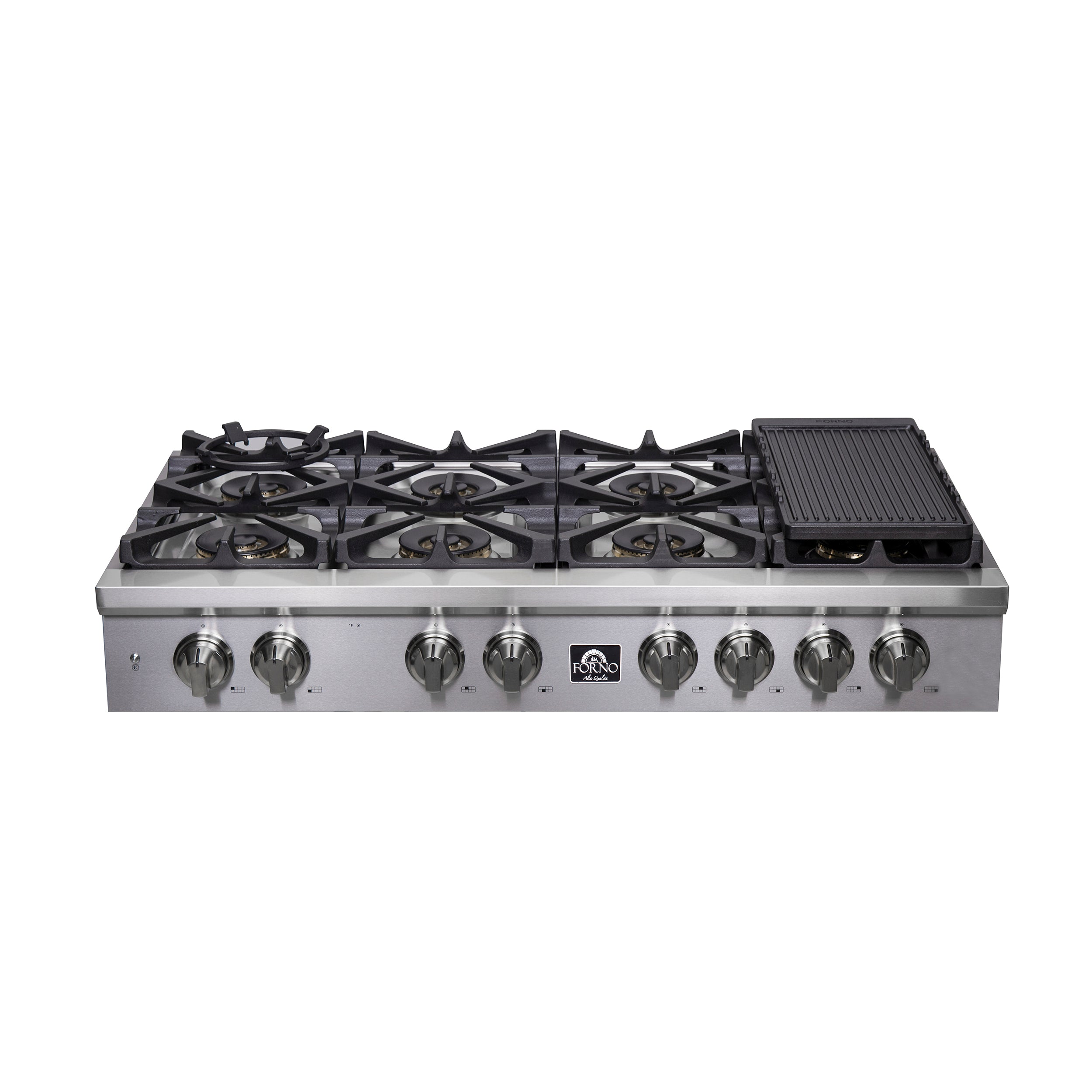 Stainless gas cooktop with black grates, burners, and large ribbed griddle plate