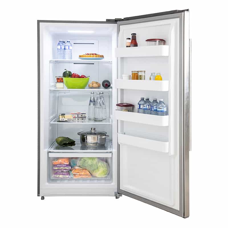 Upright refrigerator interior with shelves and bins, stocked with food and drinks
