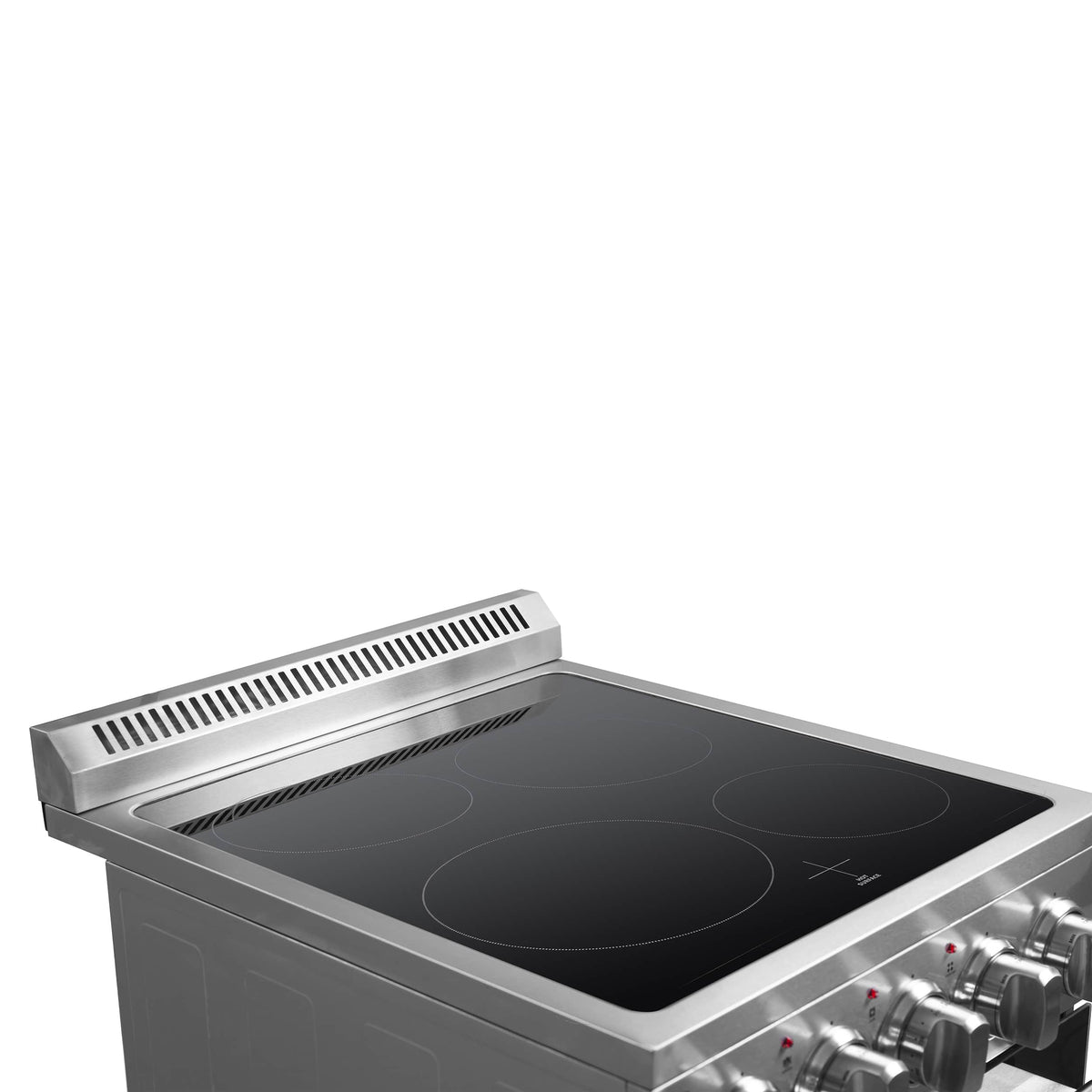 Stainless electric range cooktop with four burners and front control knobs