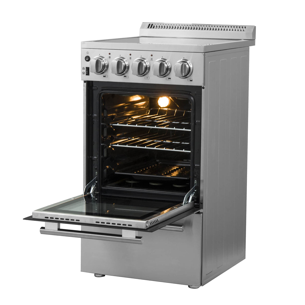 Stainless steel electric range with illuminated oven interior and open broiler tray