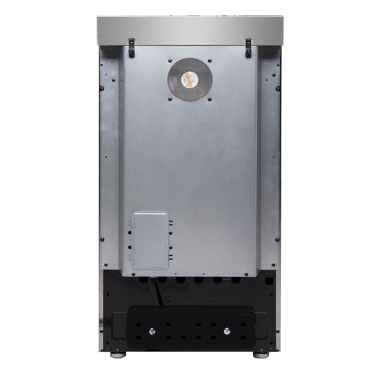 Rear view of stainless steel electric range with ventilation fan and access panel