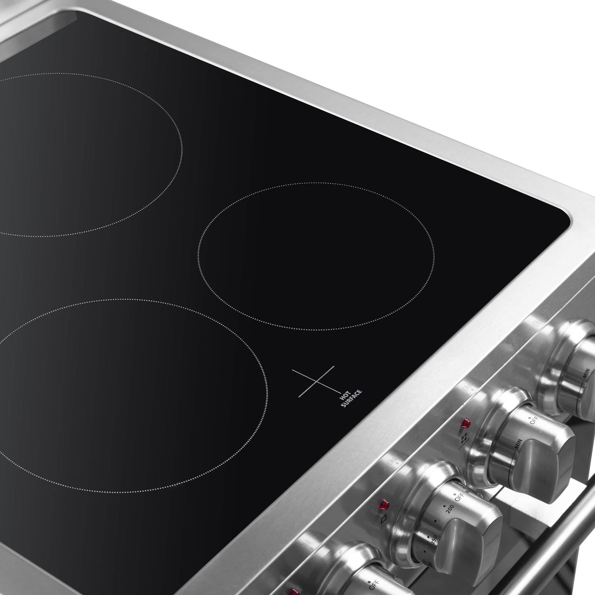 Cooktop close-up showing three circular burner zones and control knobs below