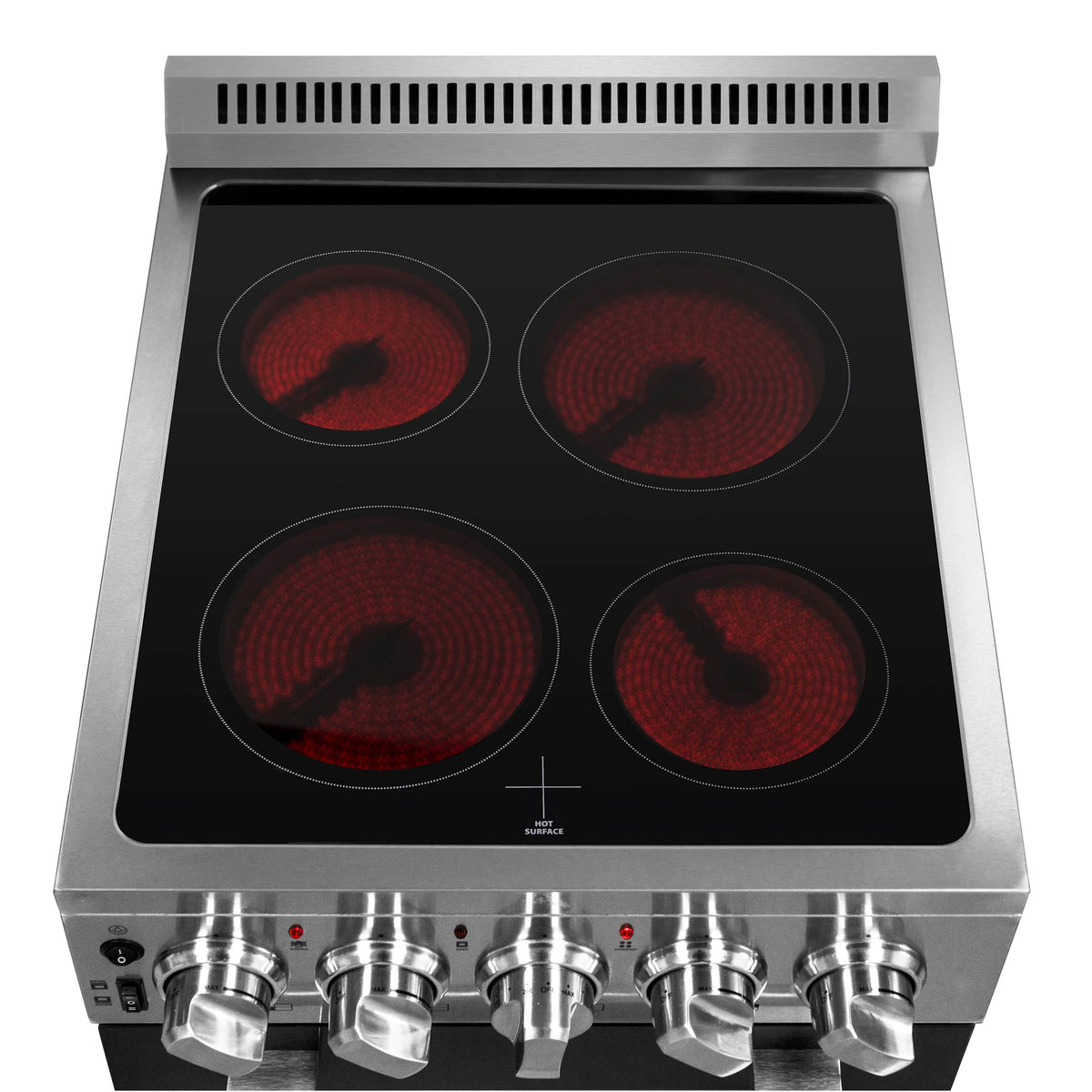Top view of stainless electric range cooktop with four red-glow burner elements