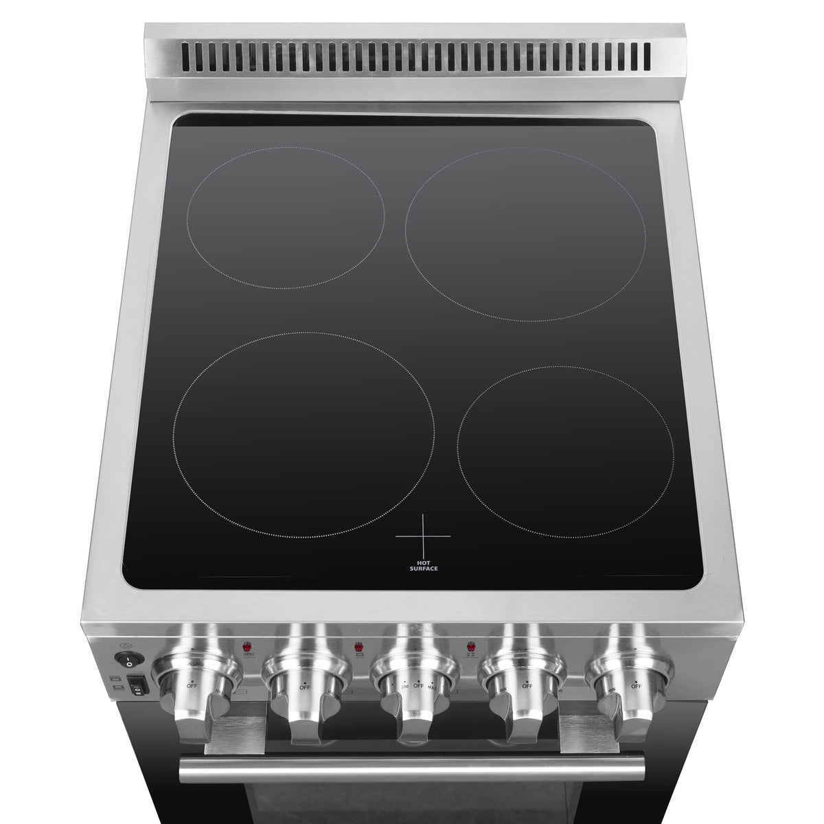 Stainless electric range with four smooth ceramic cooktop burners, black glass top