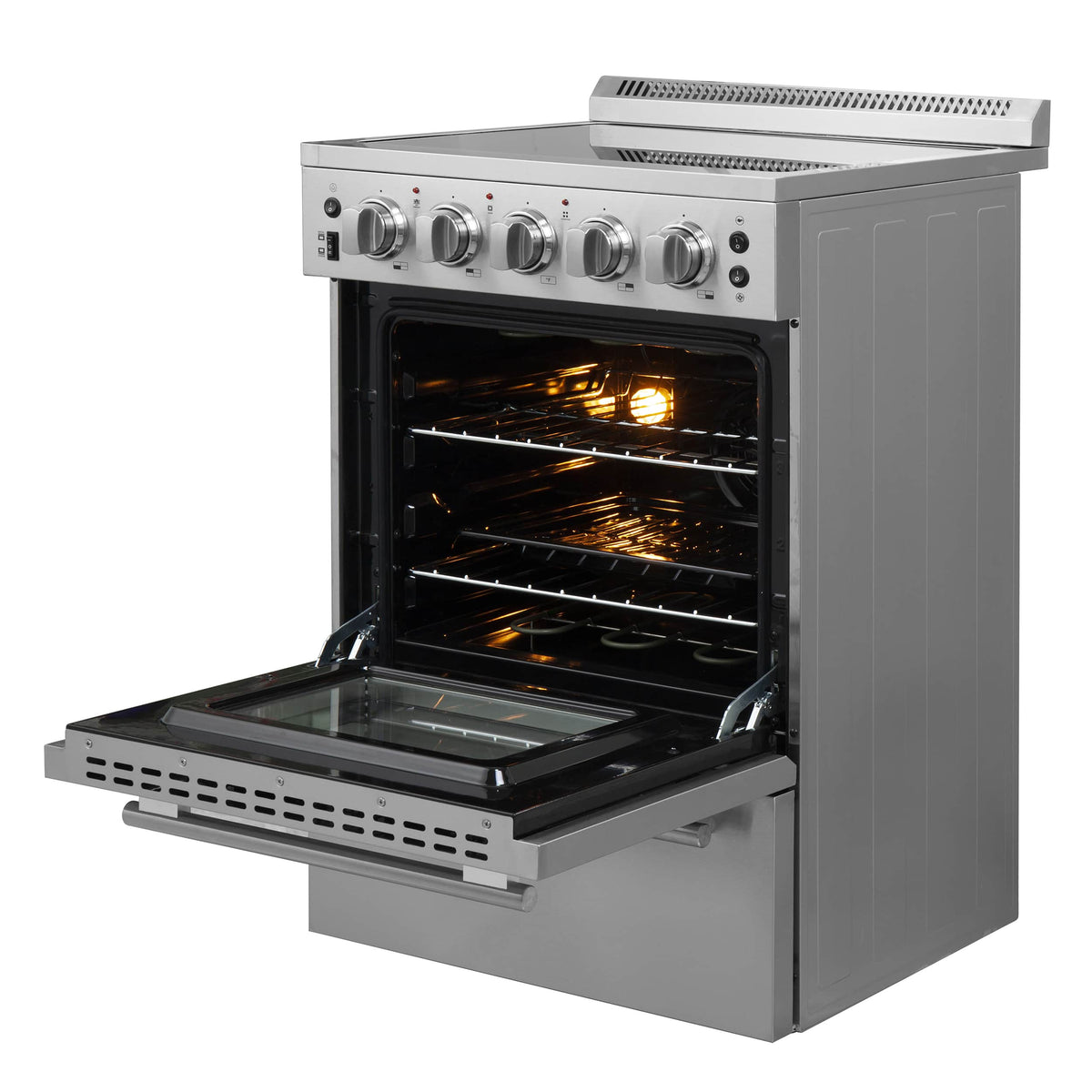 Stainless steel electric range with four burners and open oven door