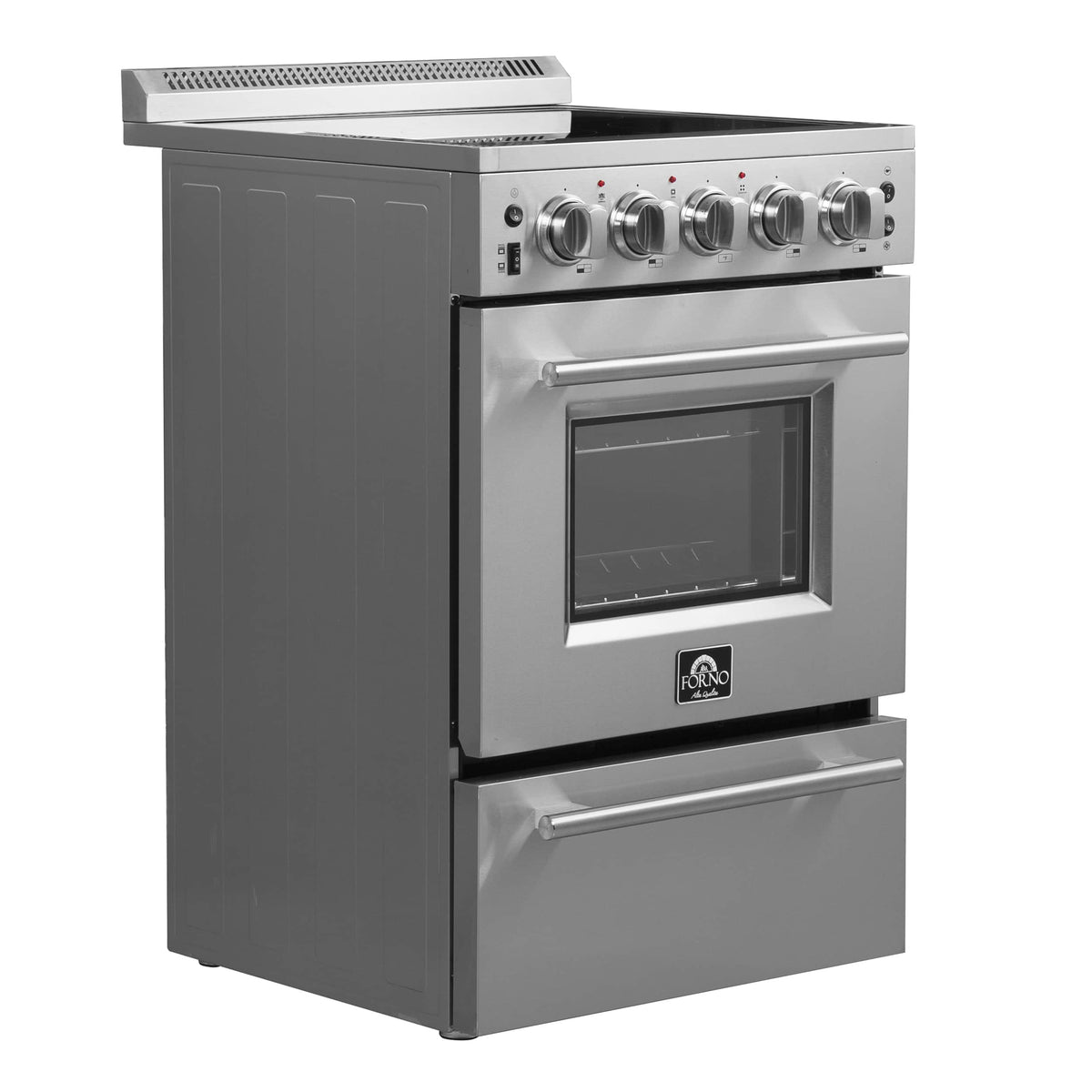 Stainless steel electric range with four burner knobs and glass oven door