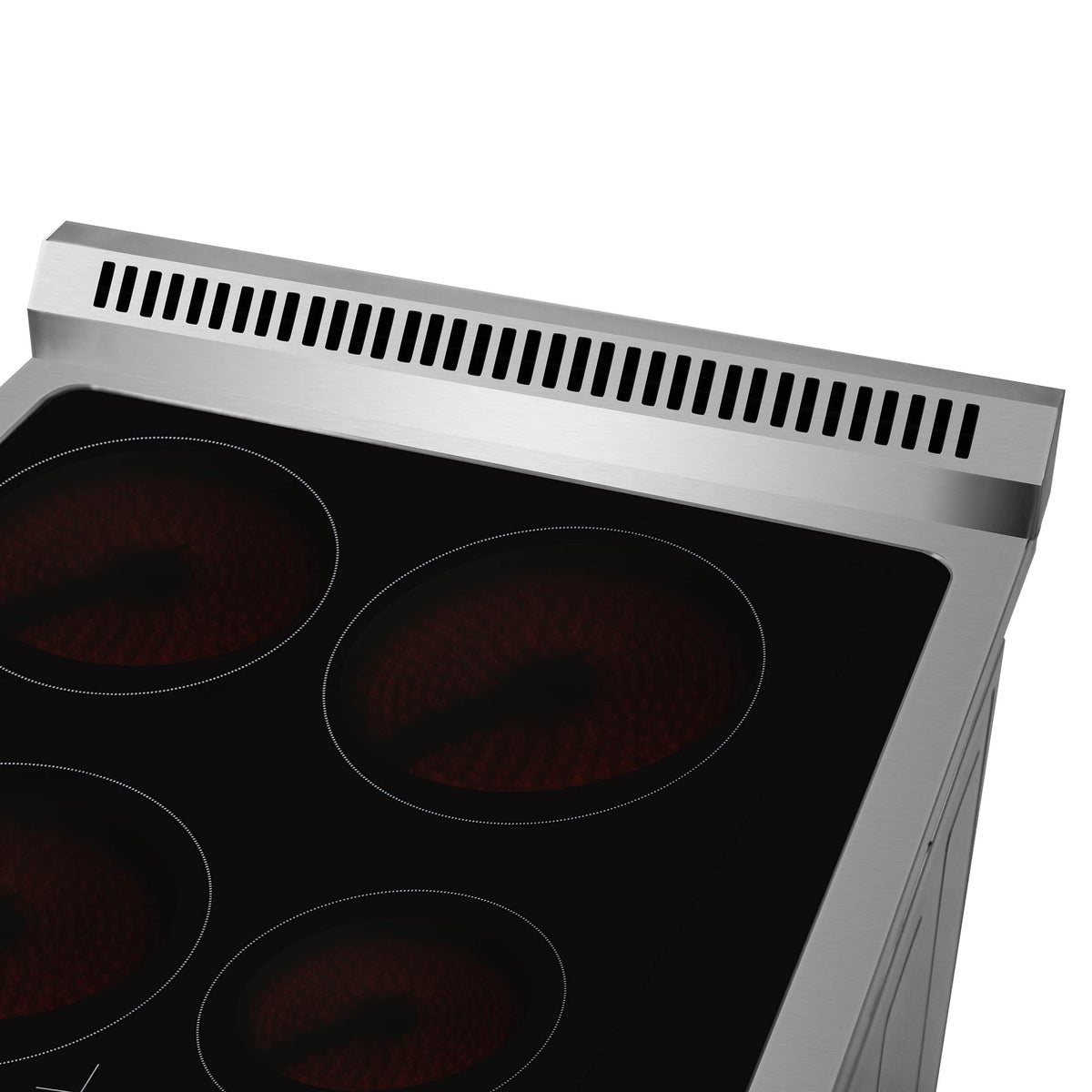 Black glass cooktop of stainless electric range with red heating circles