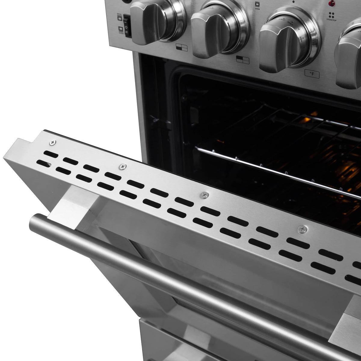 Stainless electric range oven control area with burner heating element