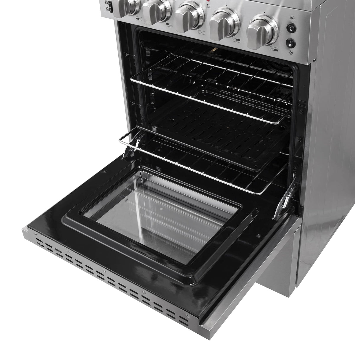 Open oven drawer/storage compartment with glass-front window and dark bake tray