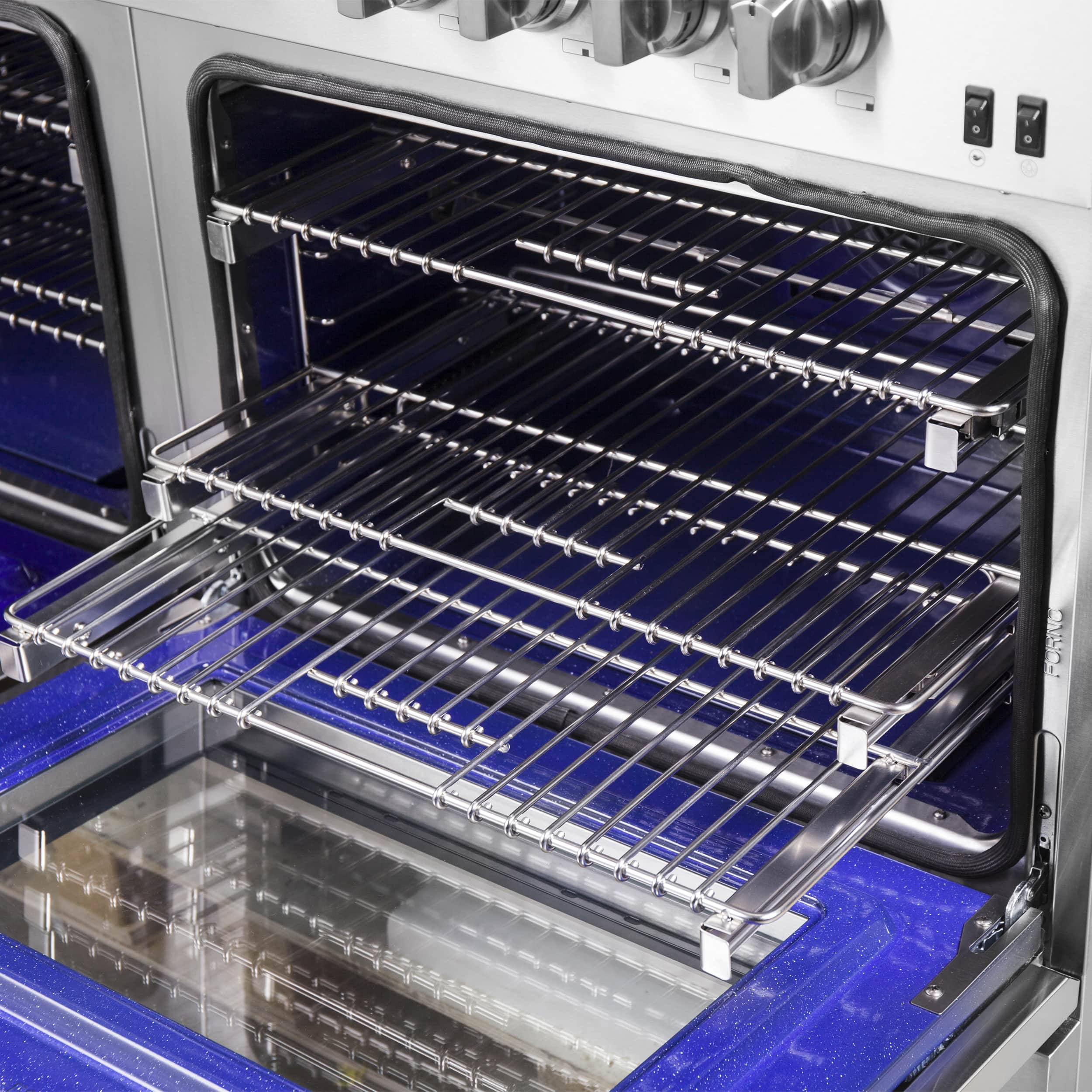 Dual fuel oven with chrome wire racks and open door with side rails