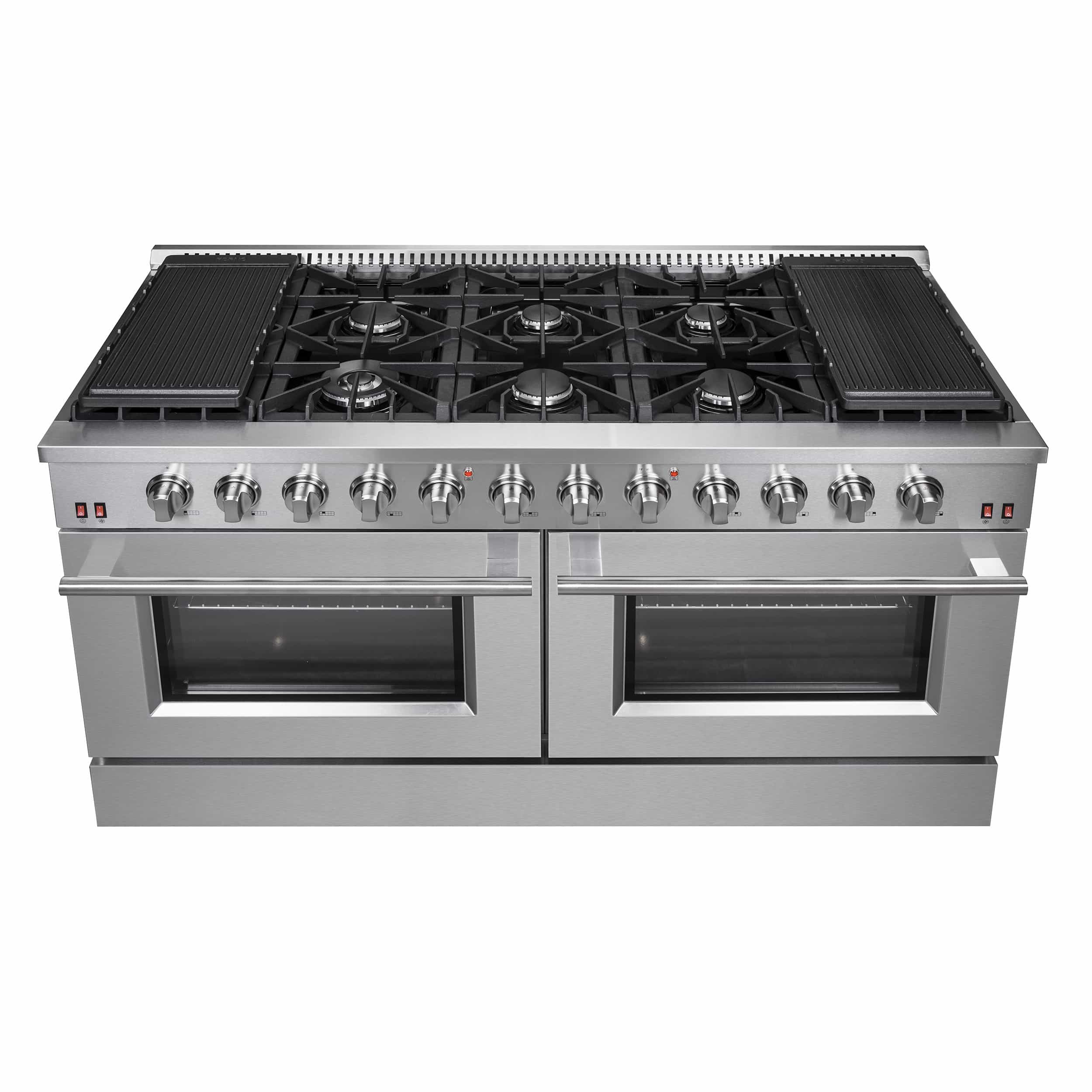 Stainless steel gas range top view with 10 burners and two black glass ovens
