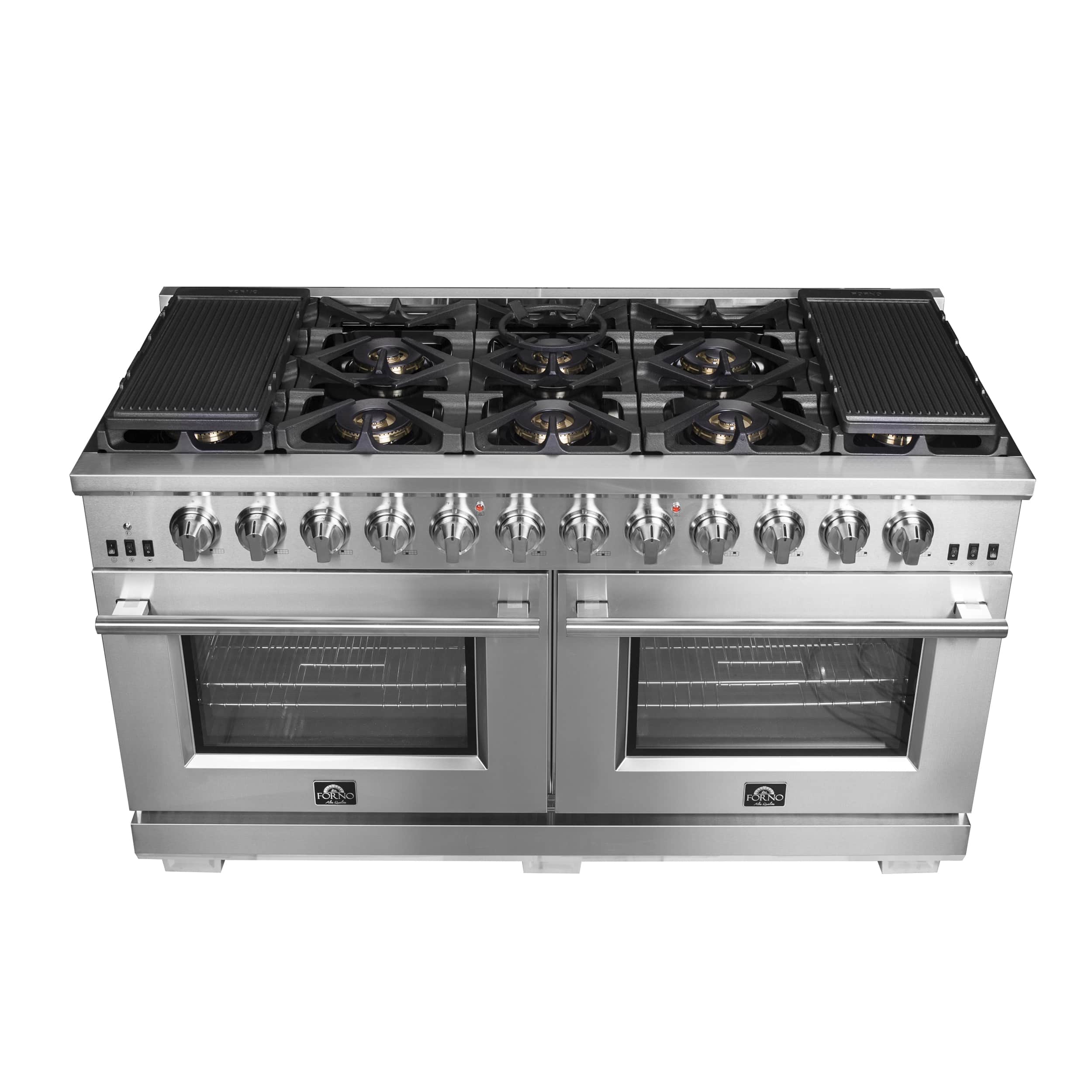 Stainless gas range front view with six? burners and control knob panel