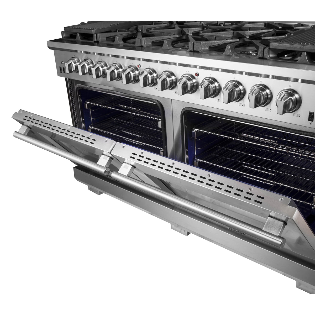 Gas range with open oven compartment and stainless slide-out rack