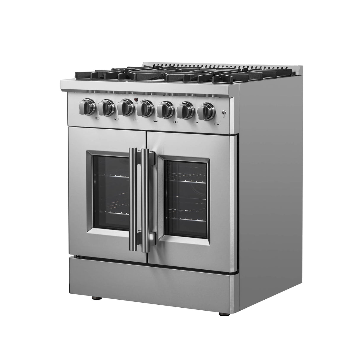 Stainless steel freestanding dual fuel range with French doors and five burner grates