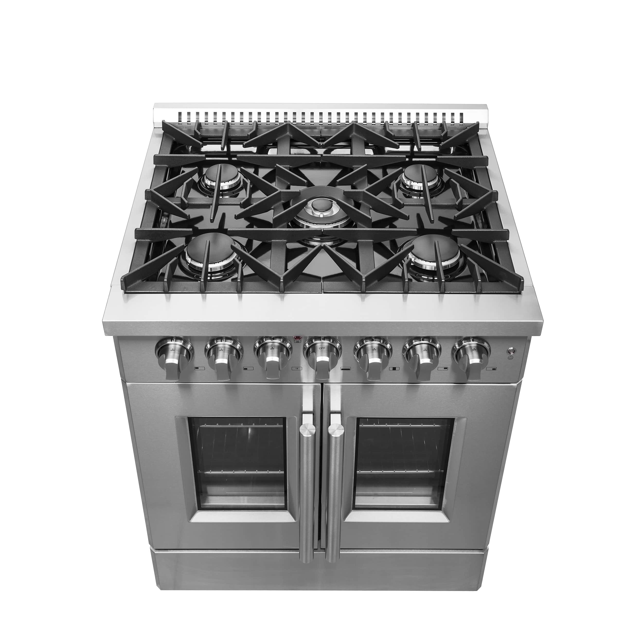 Stainless steel dual fuel range with five gas burners and French door ovens