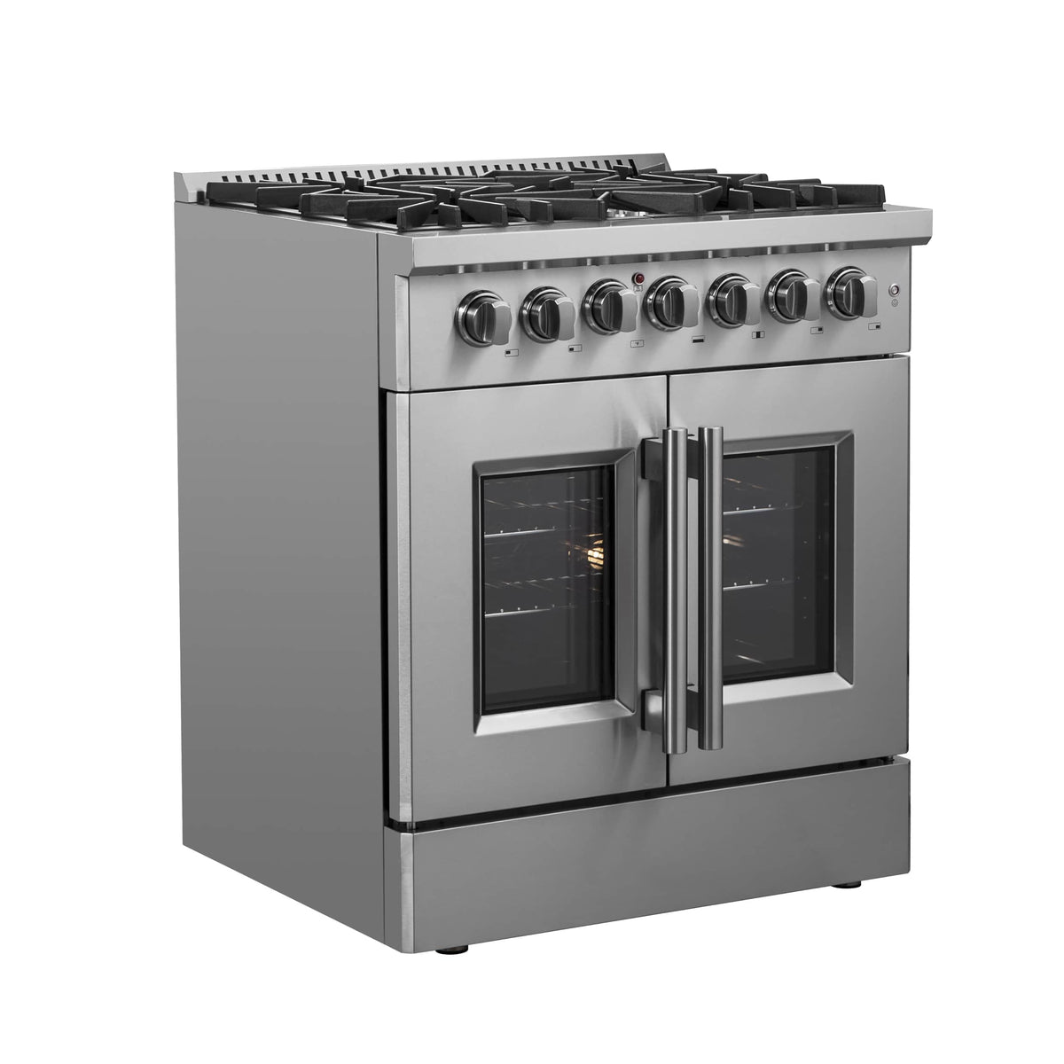 Stainless steel freestanding dual fuel range with French doors and burner controls