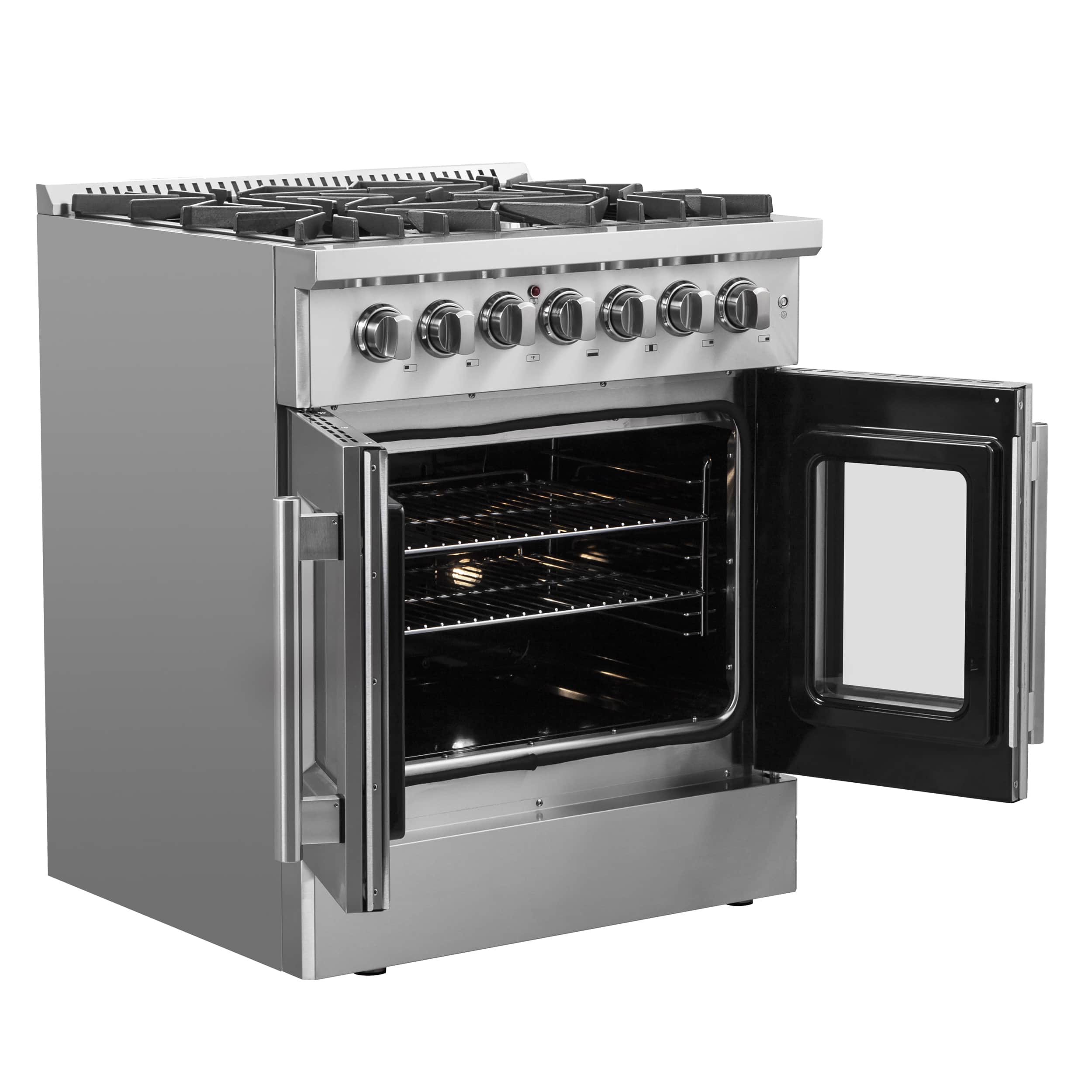 Stainless steel freestanding range with dual French doors open and five burner grates