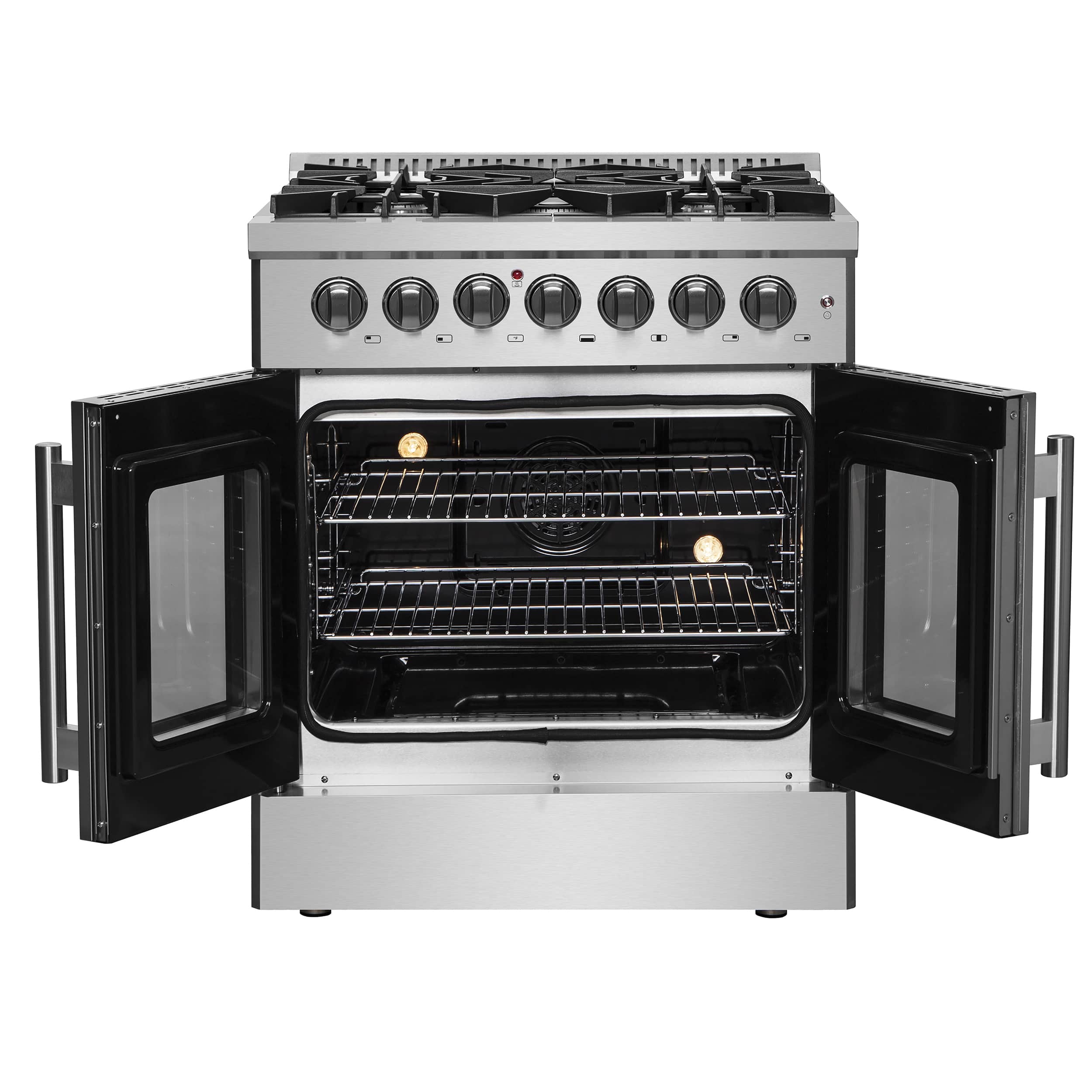 Stainless steel range with dual oven doors open, racks inside, and interior light