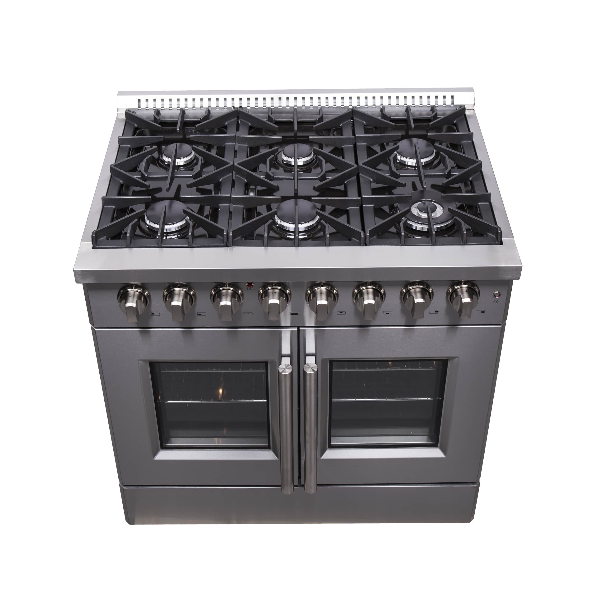 Stainless steel dual-fuel range with six black gas burners and control knobs