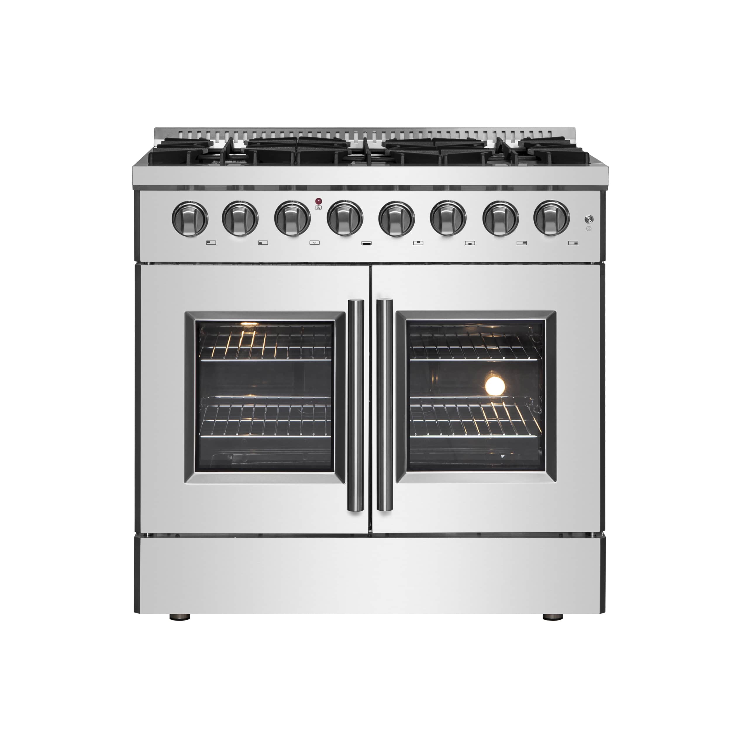 Stainless steel range with two oven windows and row of control knobs
