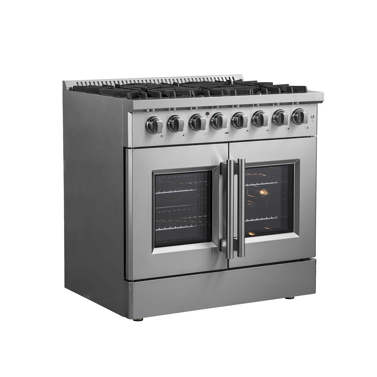 Stainless steel dual-fuel range with two closed oven doors and lit display