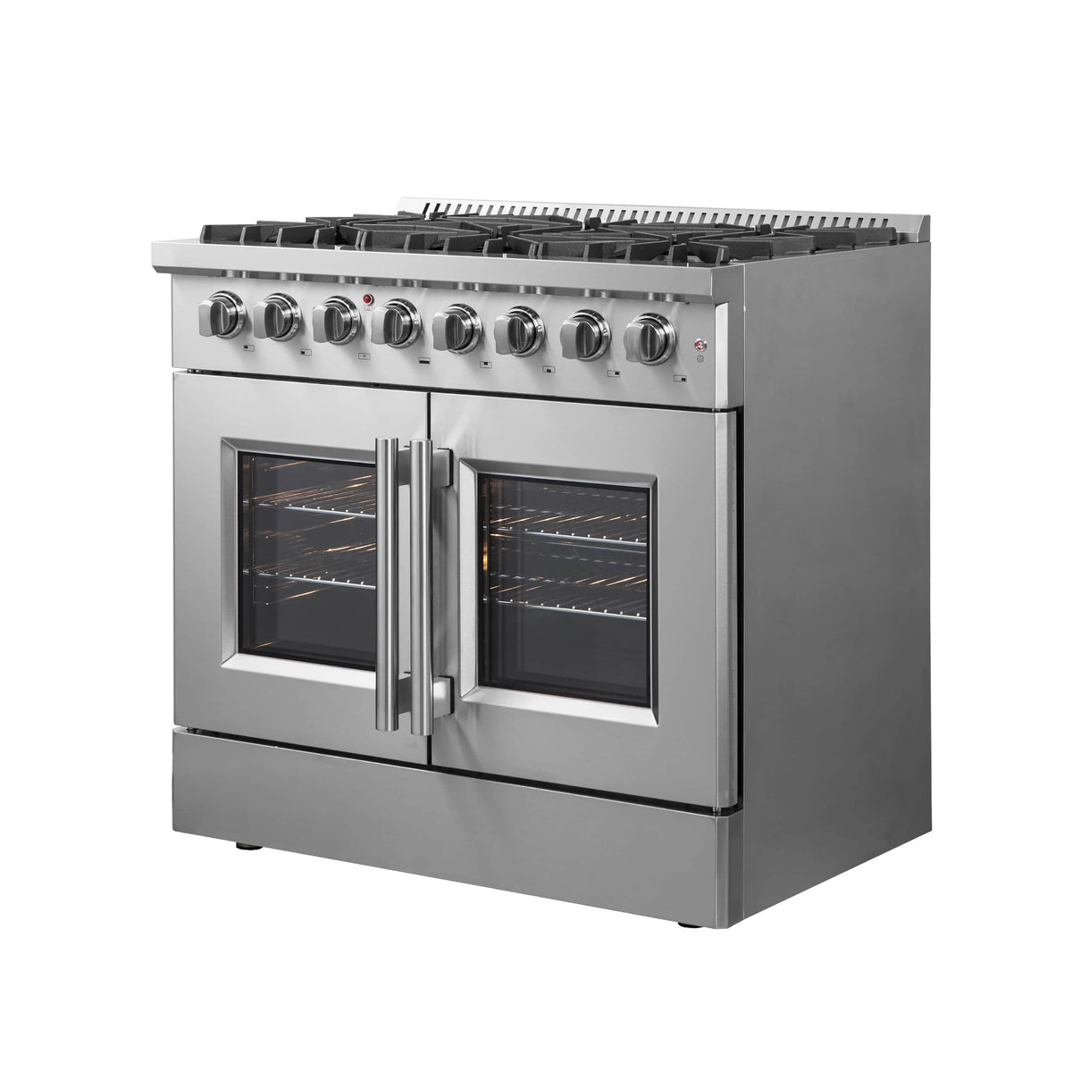 Stainless steel dual-fuel range with two oven doors and six control knobs