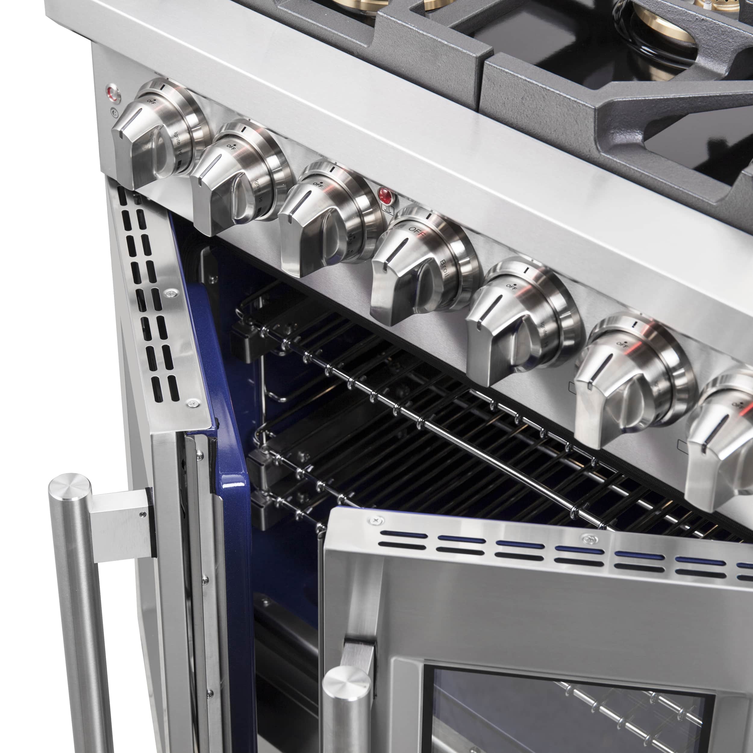 Stainless steel range with open oven showing metal racks and control knobs
