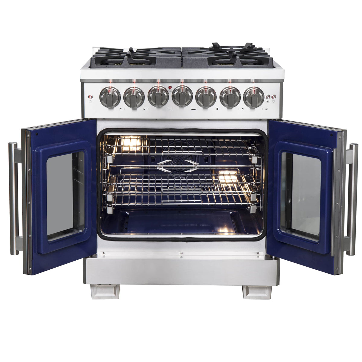 Stainless steel range with French door oven doors and six round control knobs