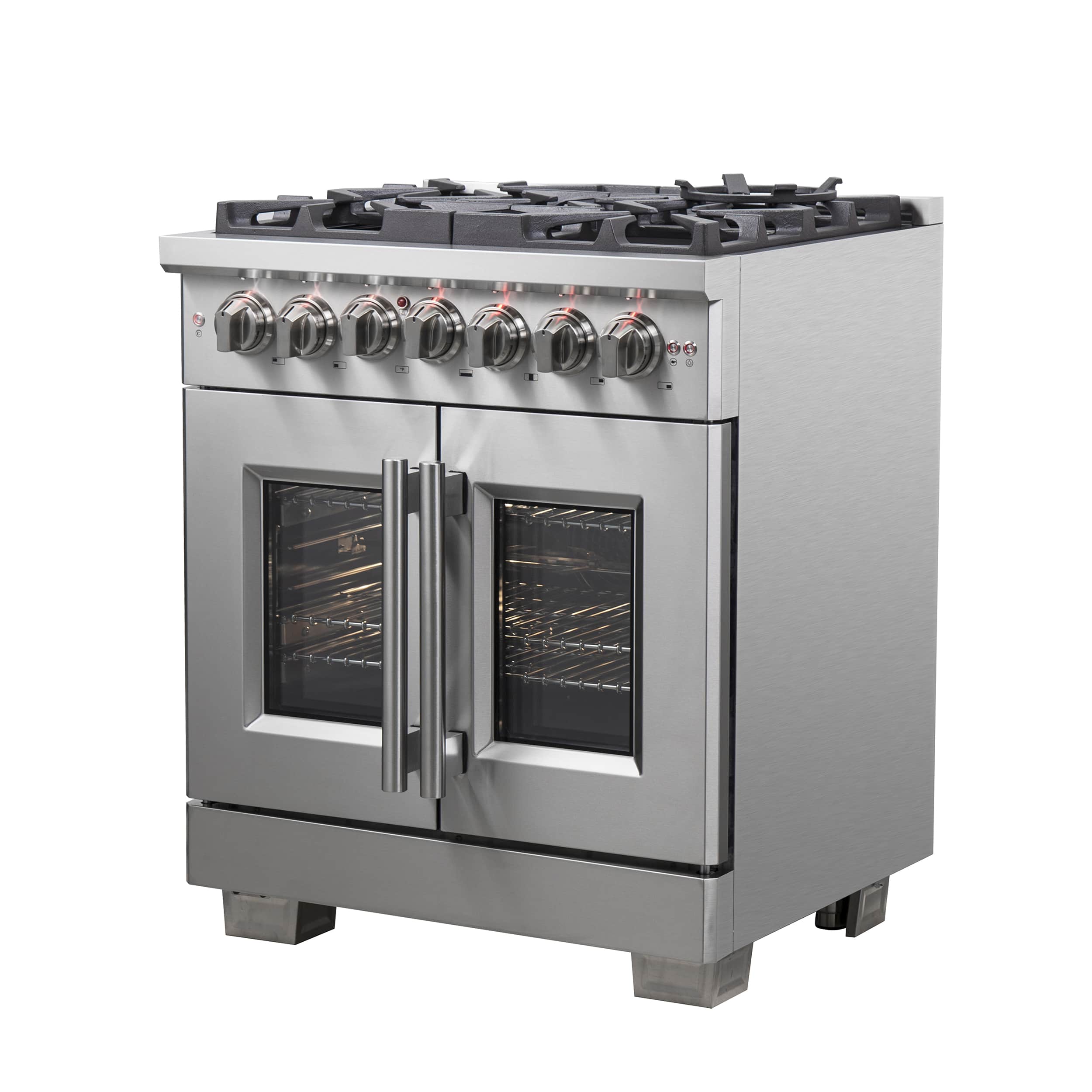 Stainless dual fuel range with dual French doors open, showing oven interior