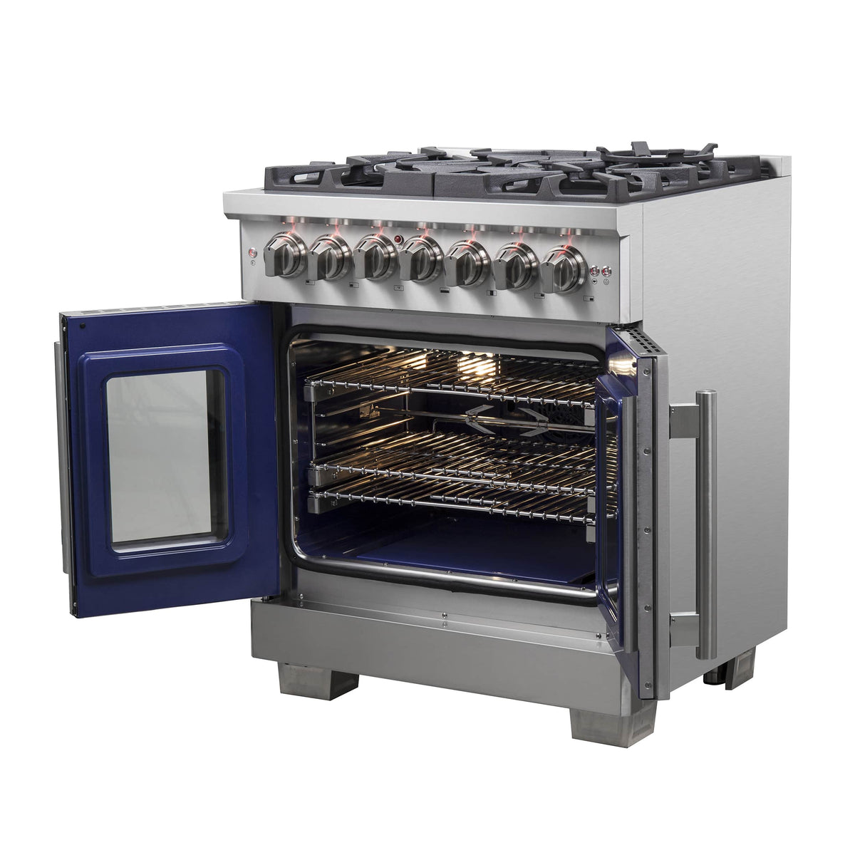 Stainless dual fuel range with French door oven open and gas burner knobs
