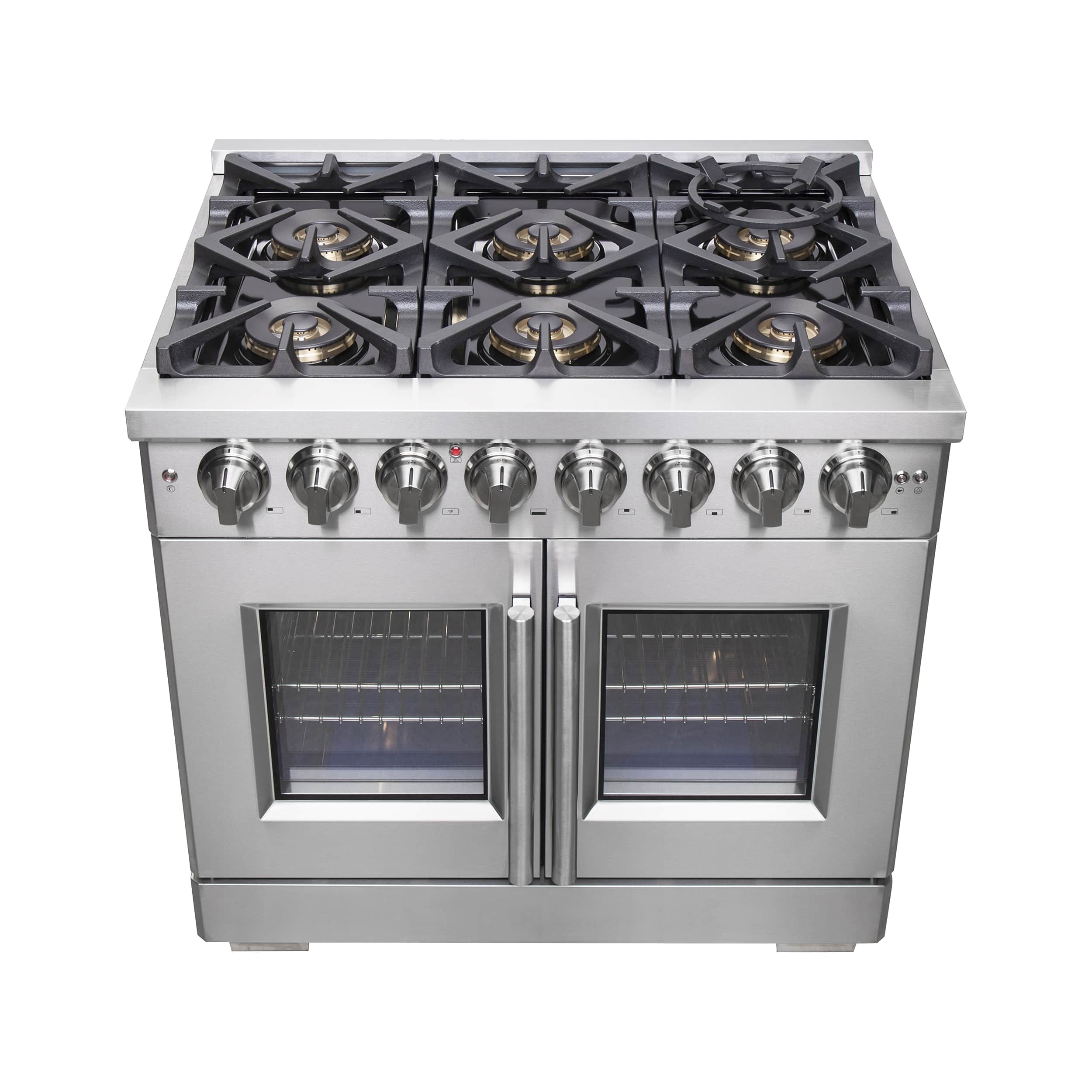 Stainless steel dual fuel range with six gas burners and two glass French oven doors