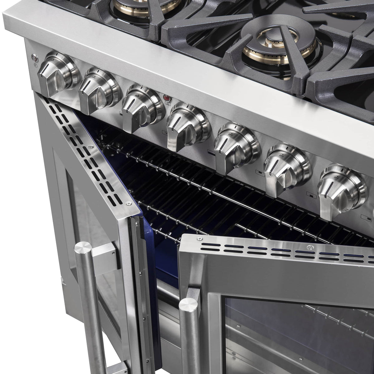 Stainless steel range with open oven door showing wire racks and blue interior