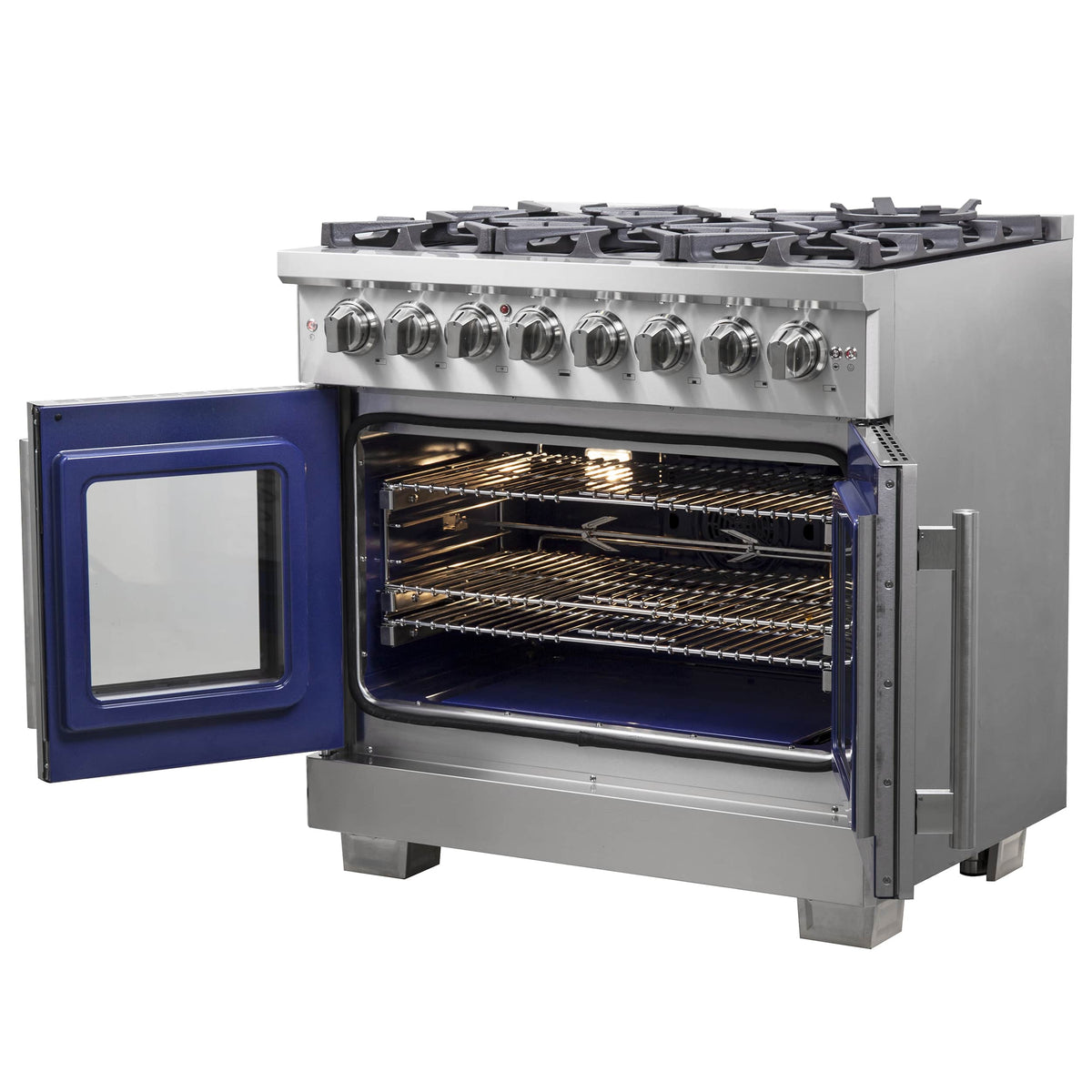 Stainless steel range with open French oven door and illuminated wire racks
