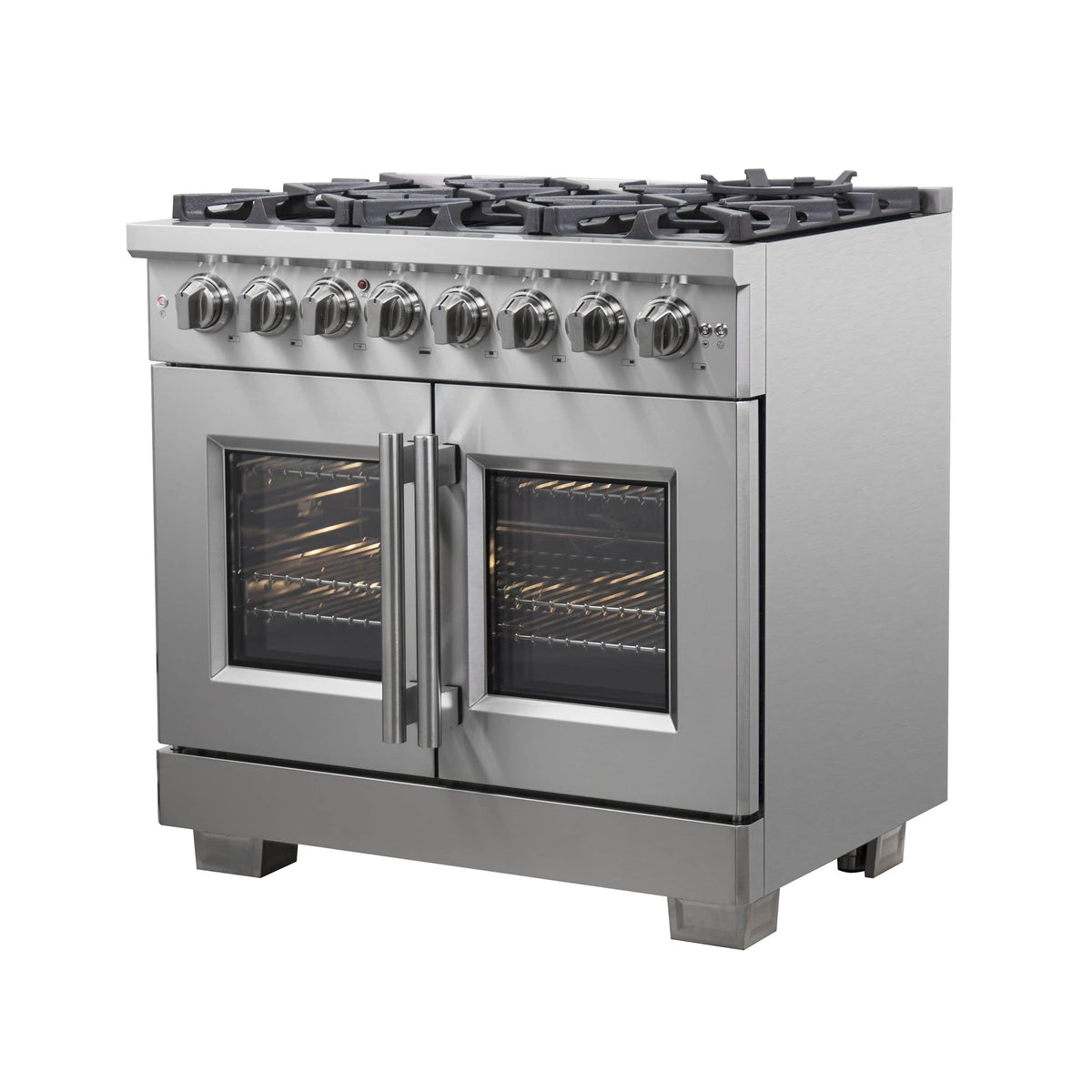 Stainless steel dual fuel range with dual French doors and front control knobs