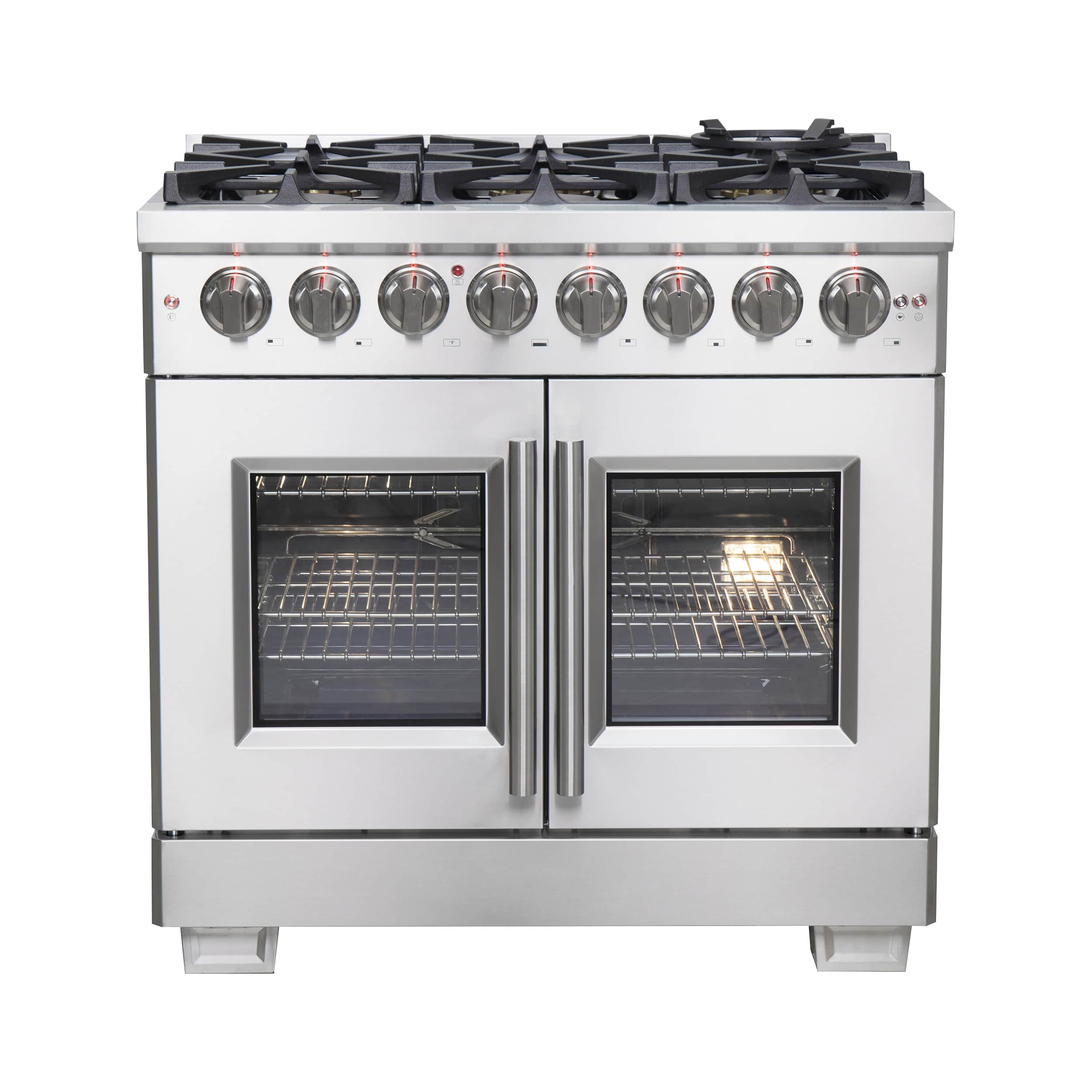 Stainless steel freestanding dual-fuel range with two French oven doors and burner knobs