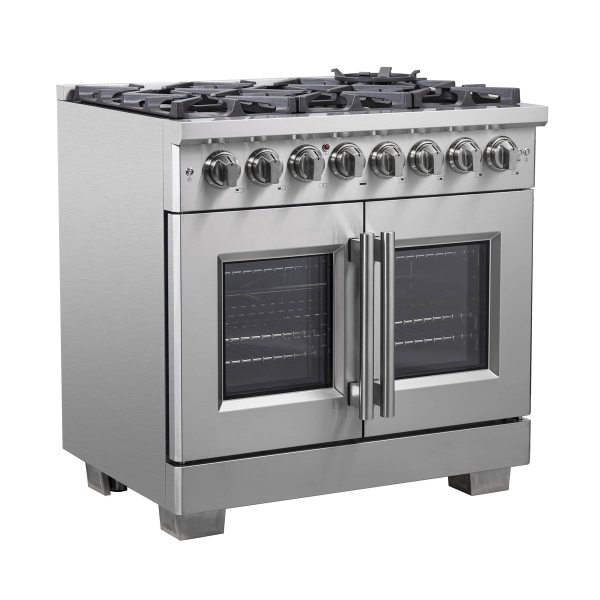Stainless steel freestanding gas range with raised burner grates and French oven doors