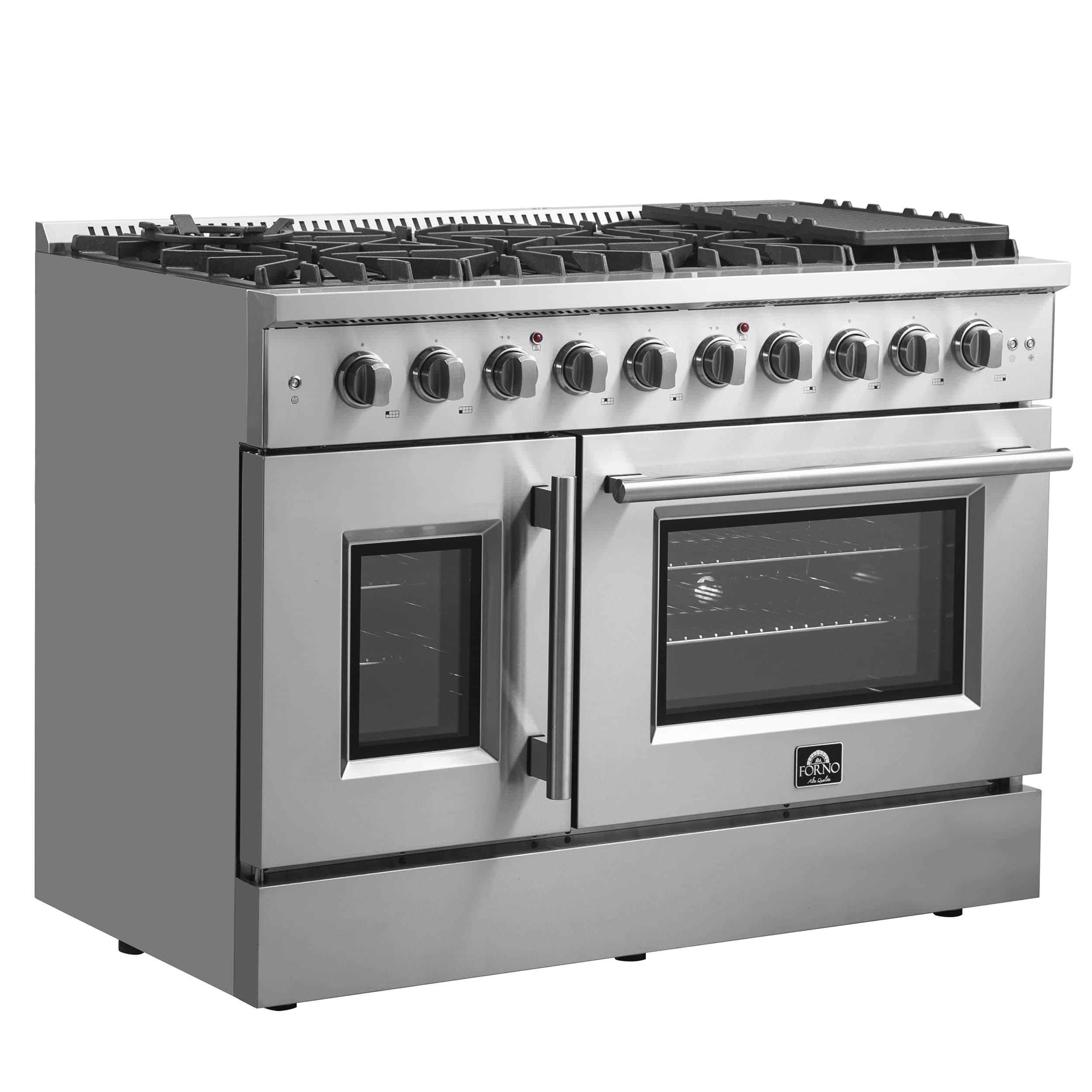 Stainless steel gas range with French-door ovens, control knobs, and cooktop grates